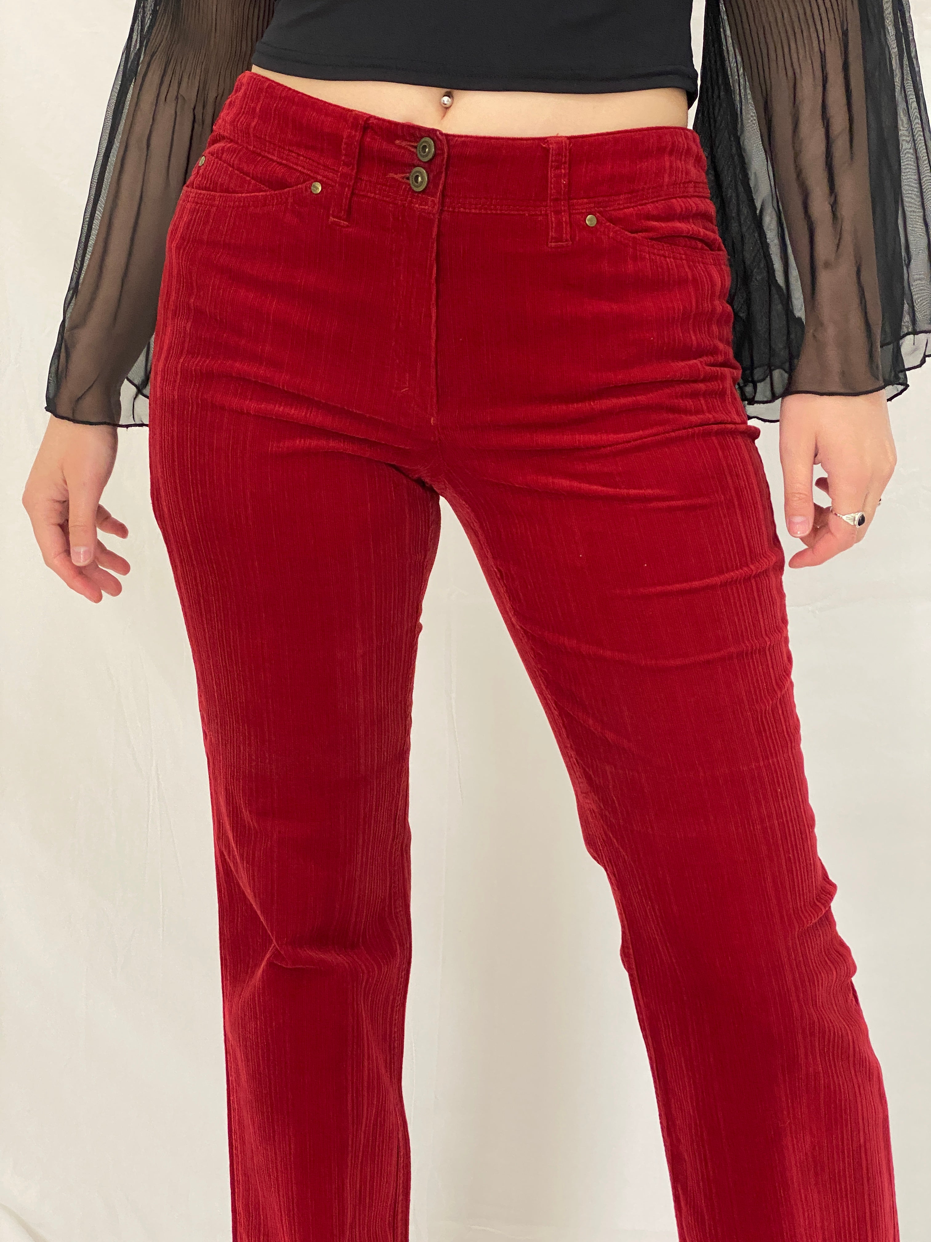 Y2K ZERRES Stretch Red Corduroy Straight Leg Mid Rise Pants - 38EU