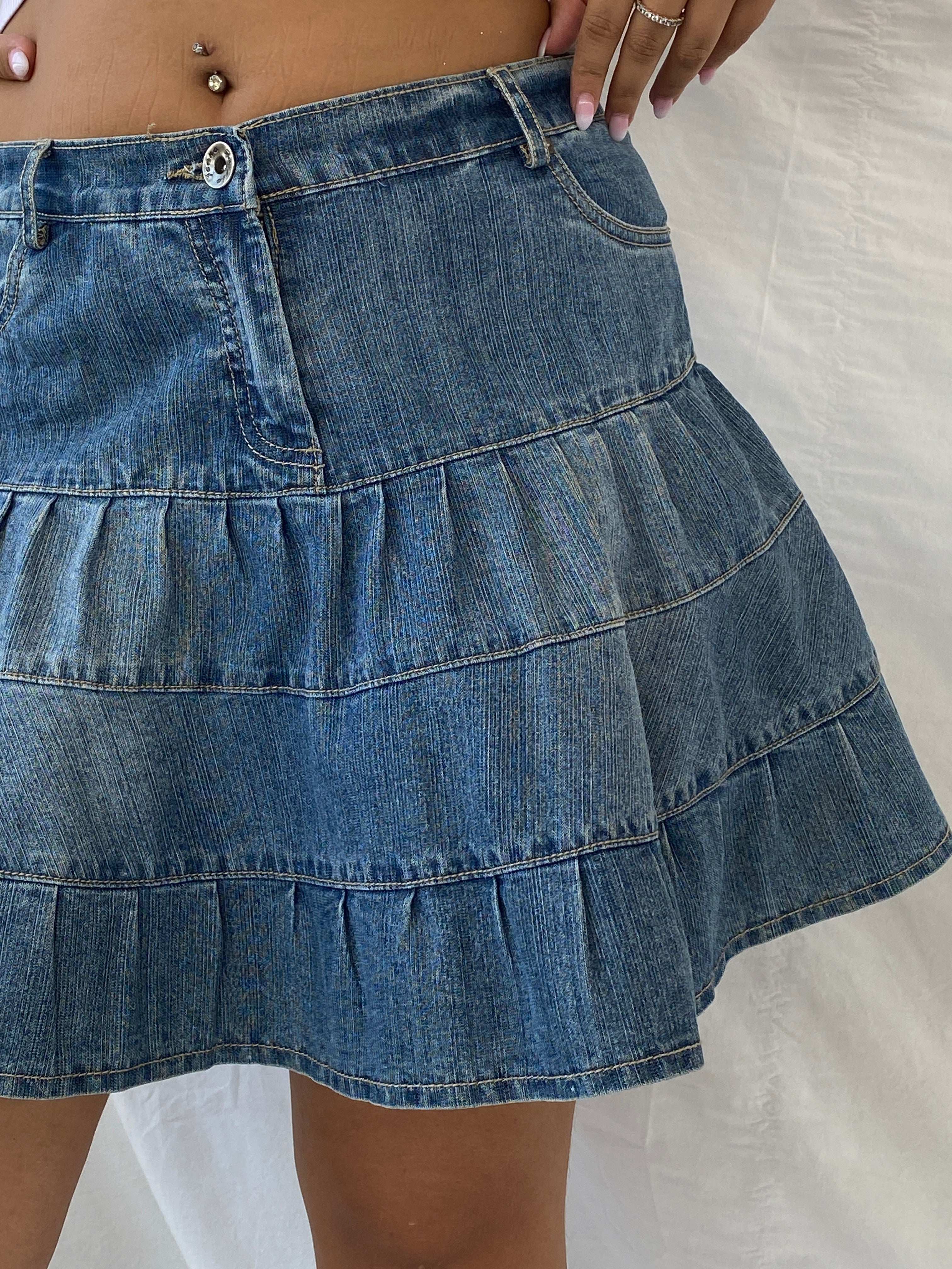 Vintage Fuxxia Tiered Denim Mini Skirt - L - Balagan Vintage Mini Skirt 00s, 90s, denim, denim skirt, Dina, NEW IN