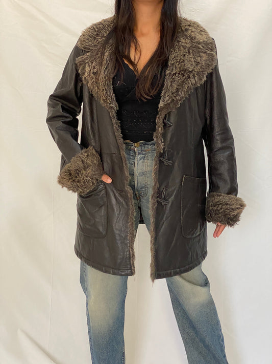 Vintage Genuine Leather Coat with Faux Fur Collar & Cuffs 70s Style Shearling Lined Brown Jacket - XL