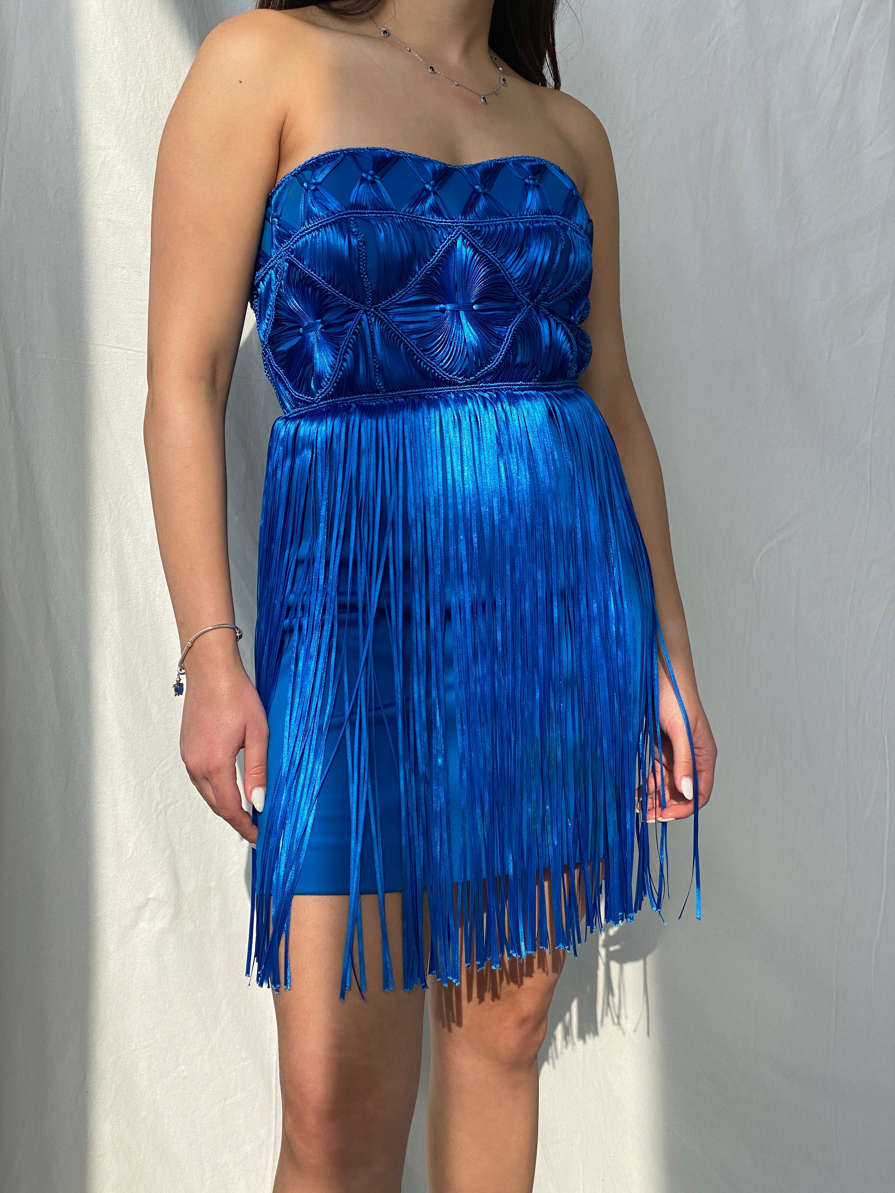 Y2K Bebe Royal Blue Fringe Strapless Mini Tube Dress - XS