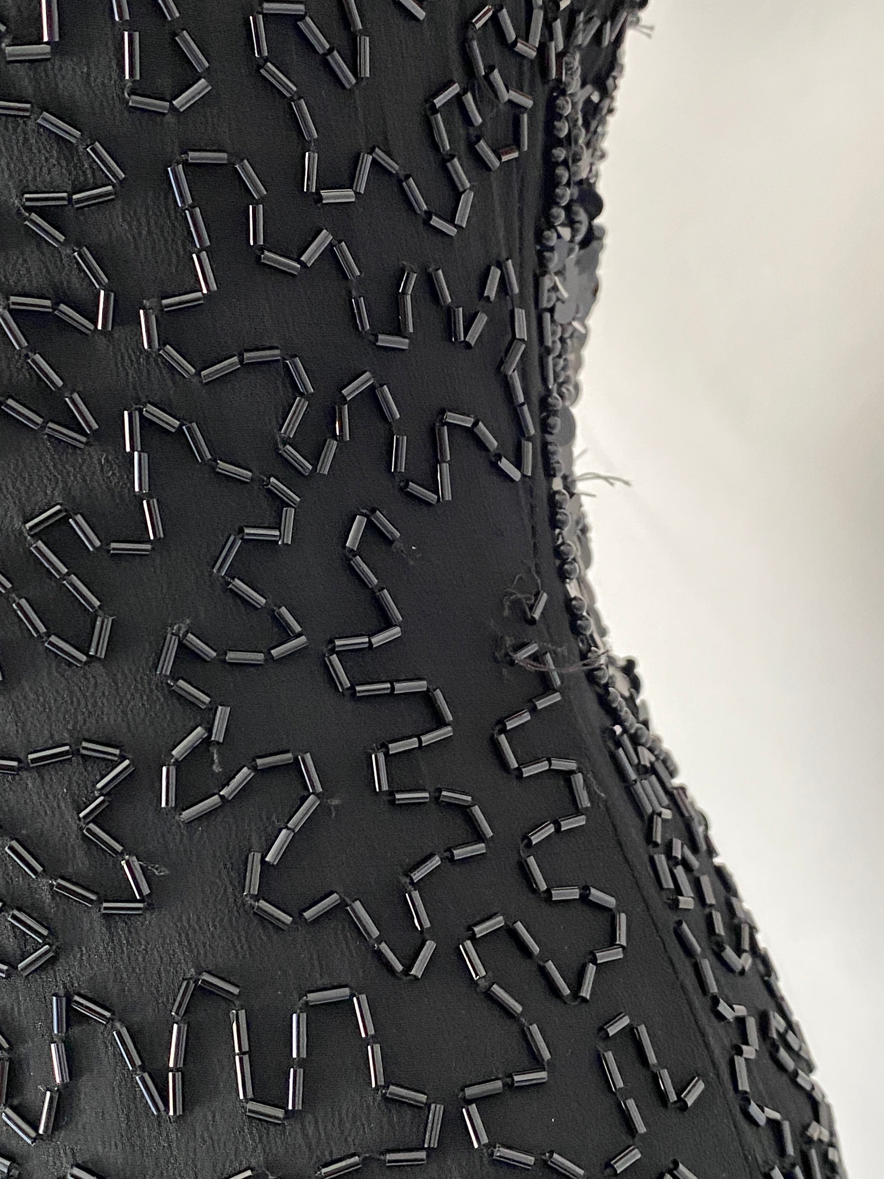 Vintage 90s Nite Line Black Silk Beaded Fringe Halter Mini Dress – XS