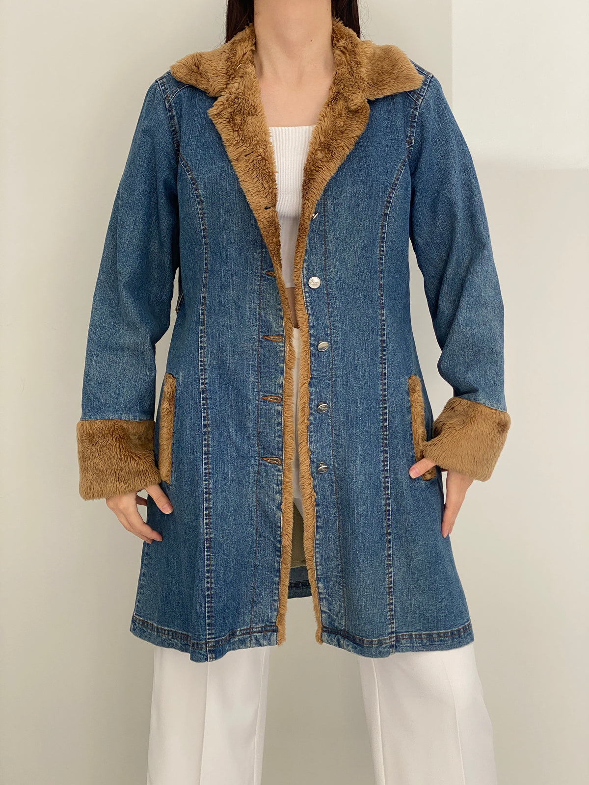 Y2K Luckystars Heavy Denim Coat with Brown Faux Fur Lining – L