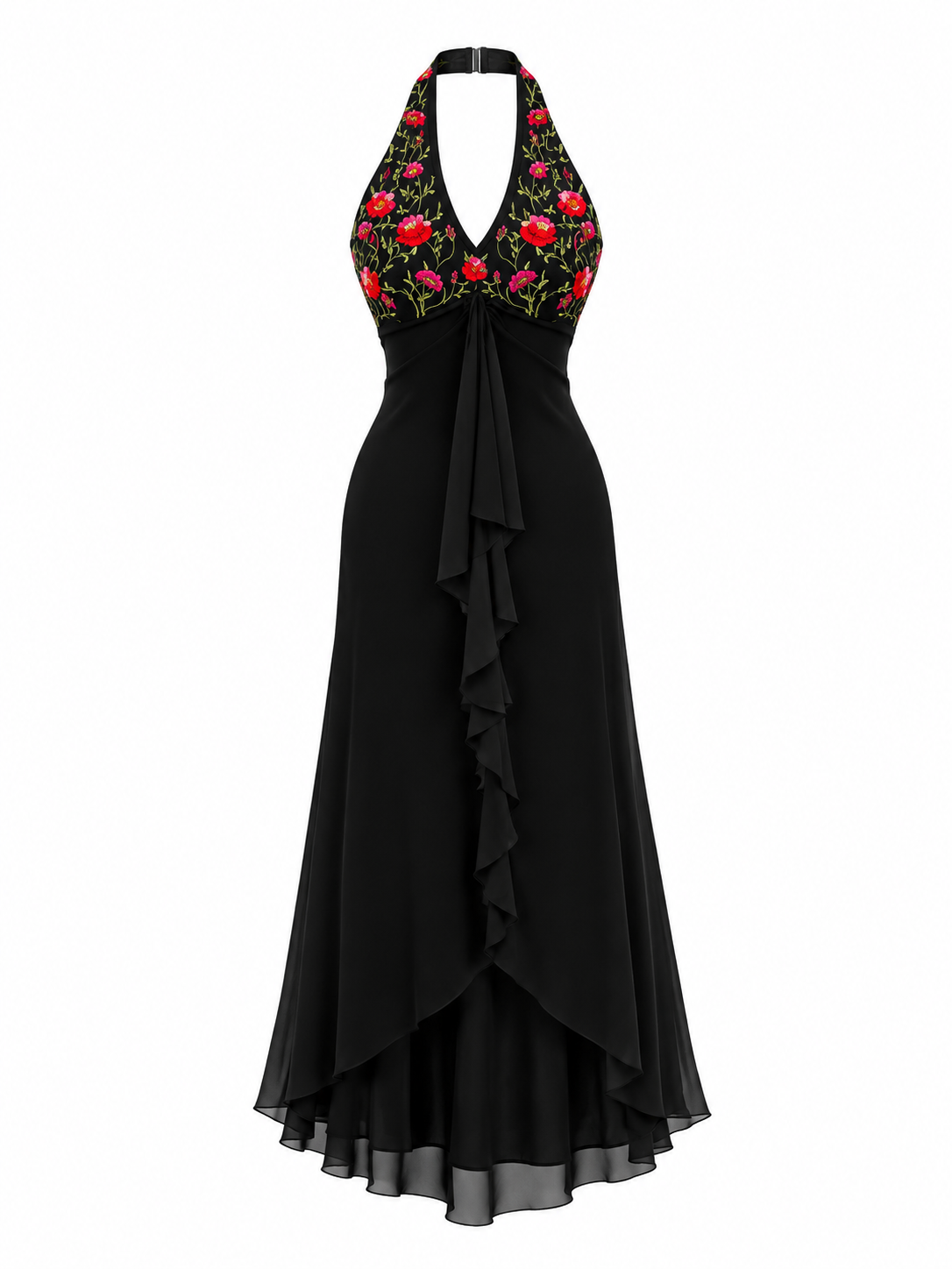 Vintage 90s De Laru by Sheila Yen Black Floral Embroidered Halter Dress – S