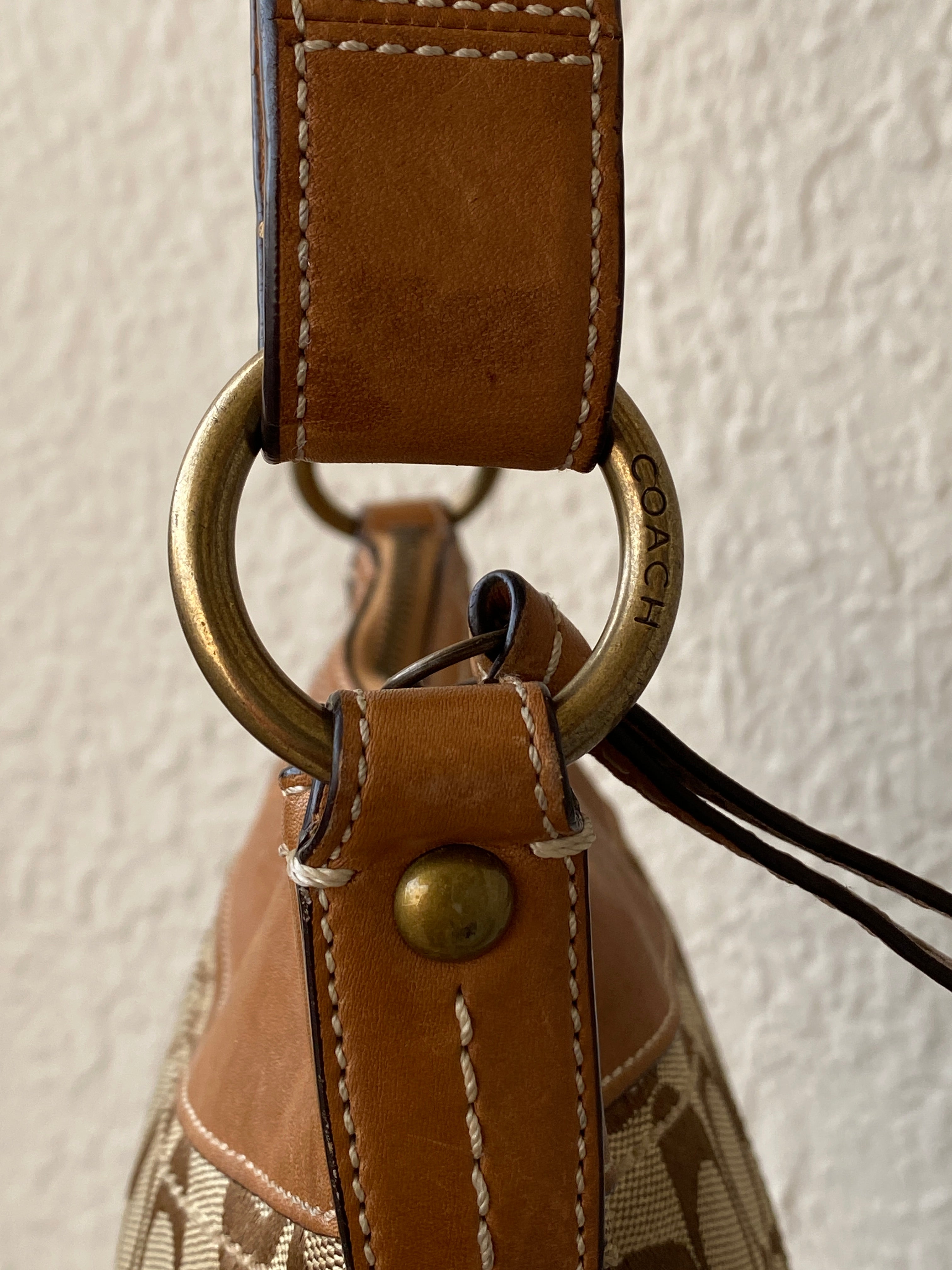 Vintage 2000s Coach Signature Monogram Canvas Shoulder Bag Brown & Tan Leather Trim