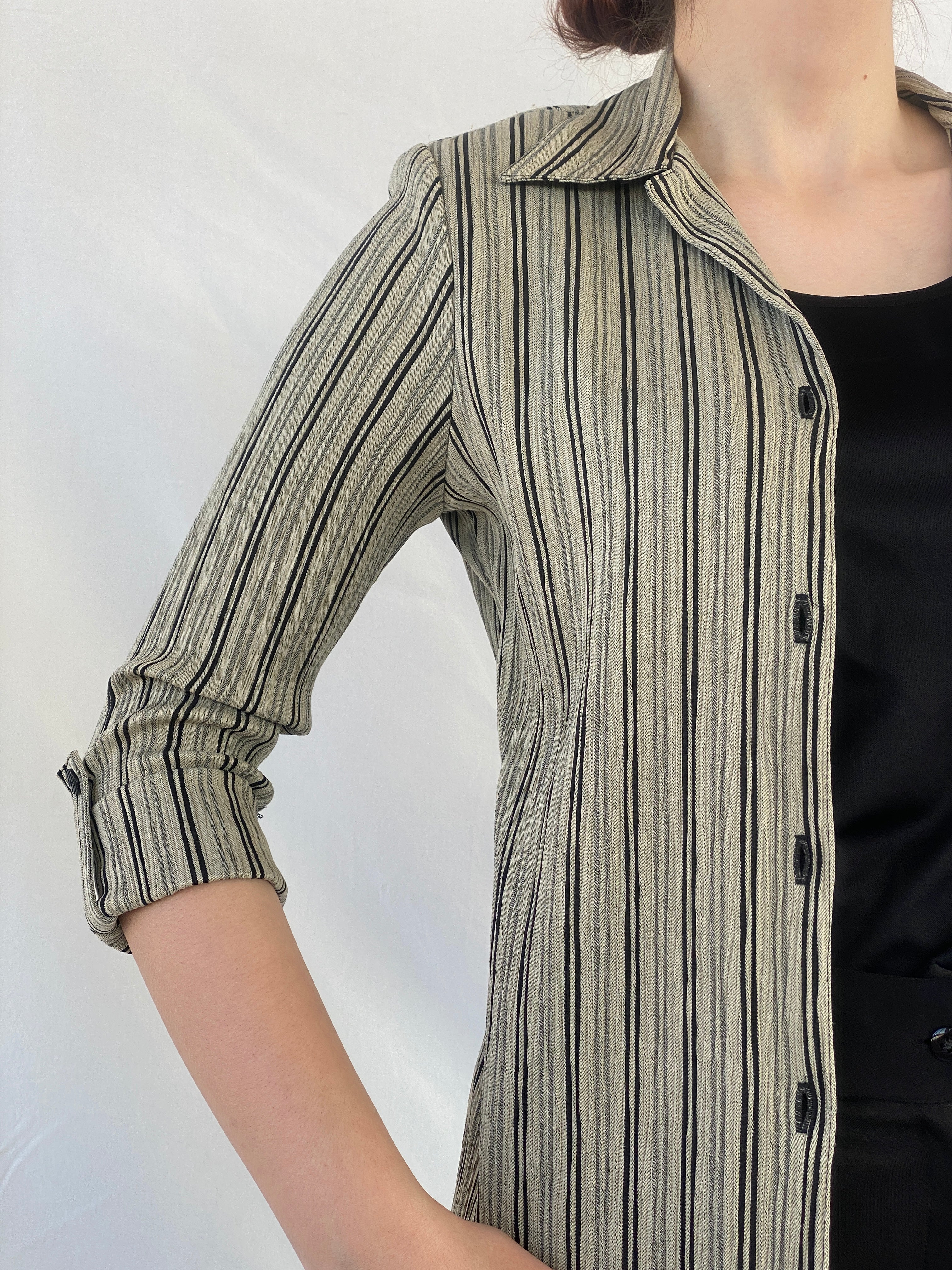 Vintage Dressbarn Women’s Black and Beige Striped Shirt with an Attached Blouse - M