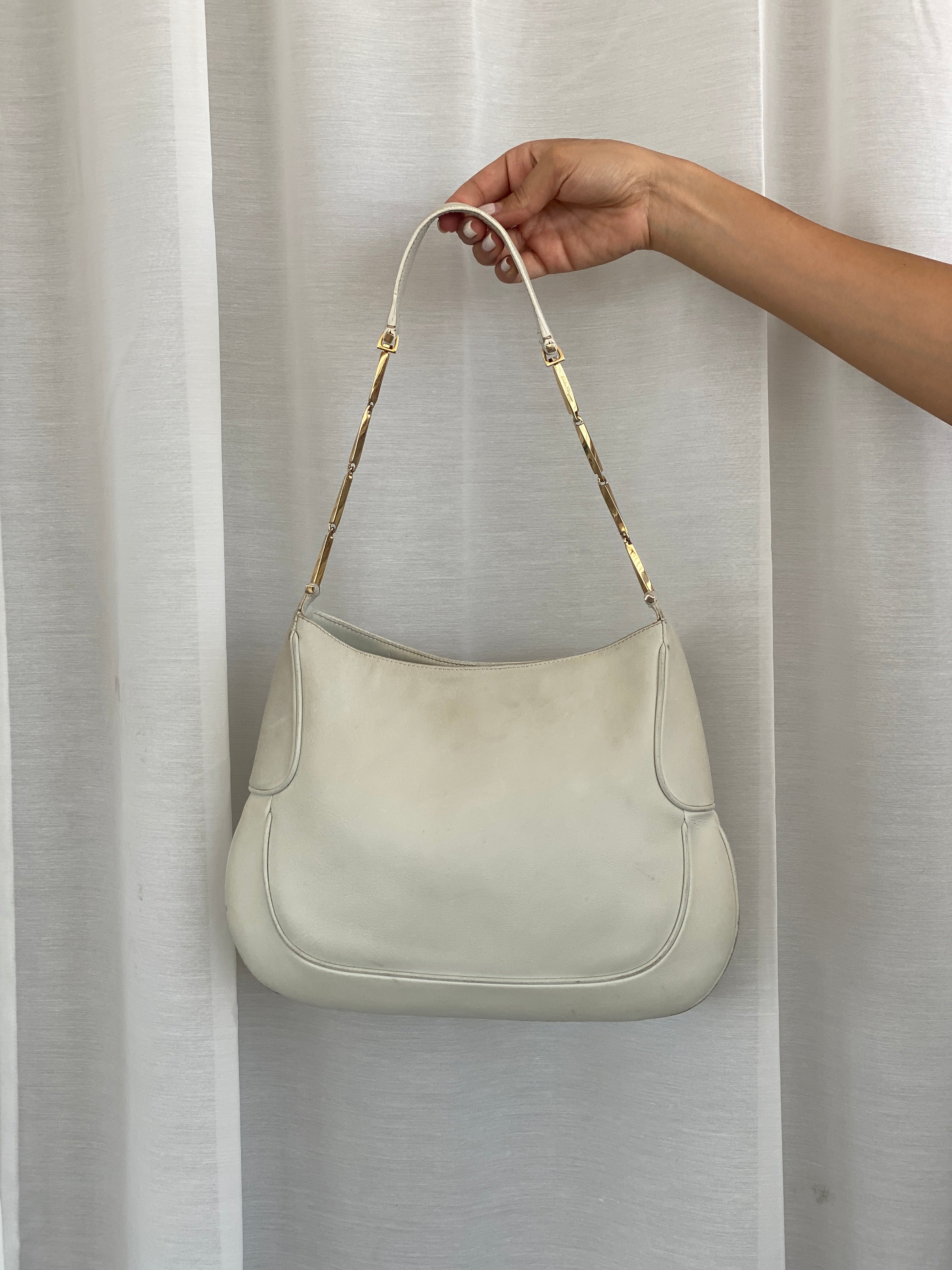 Vintage Salvatore Ferragamo White Leather Purse Gold Handle Shoulder Bag