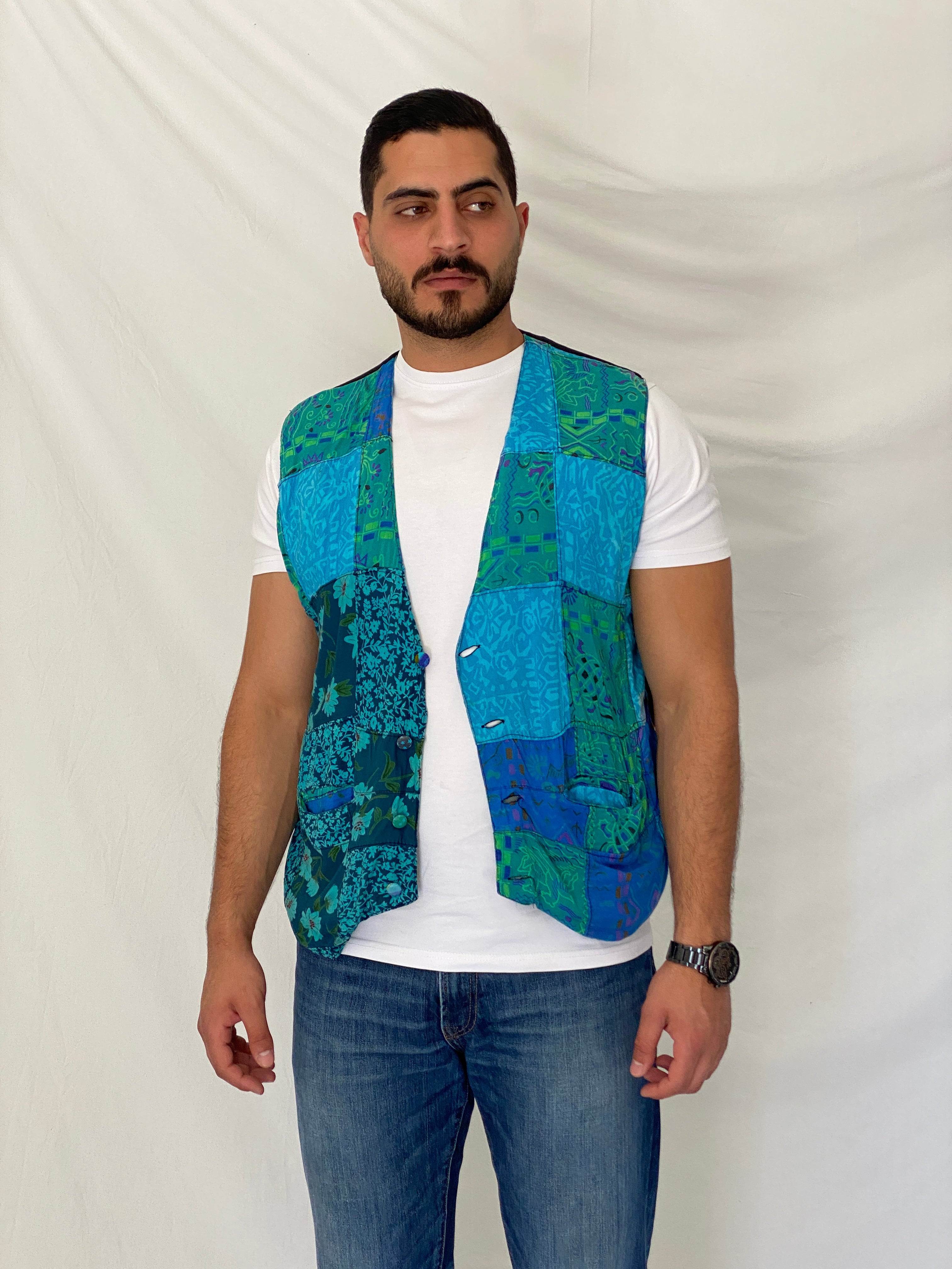 Vintage 90s Nativewear Designs Blue Green Patchwork Boho Festival Vest – XL