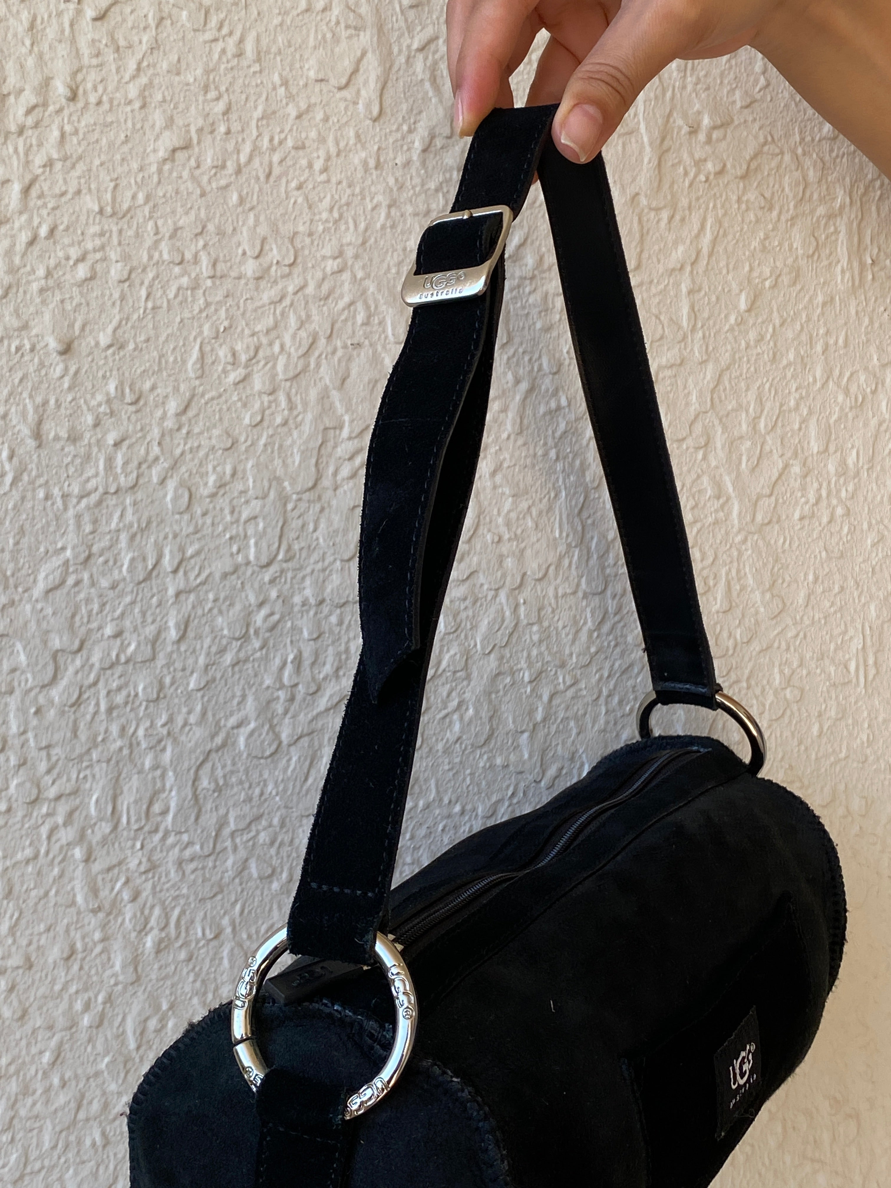 UGG Australia Black Suede Barrel Shoulder Bag Shearling Fur Lined Purse