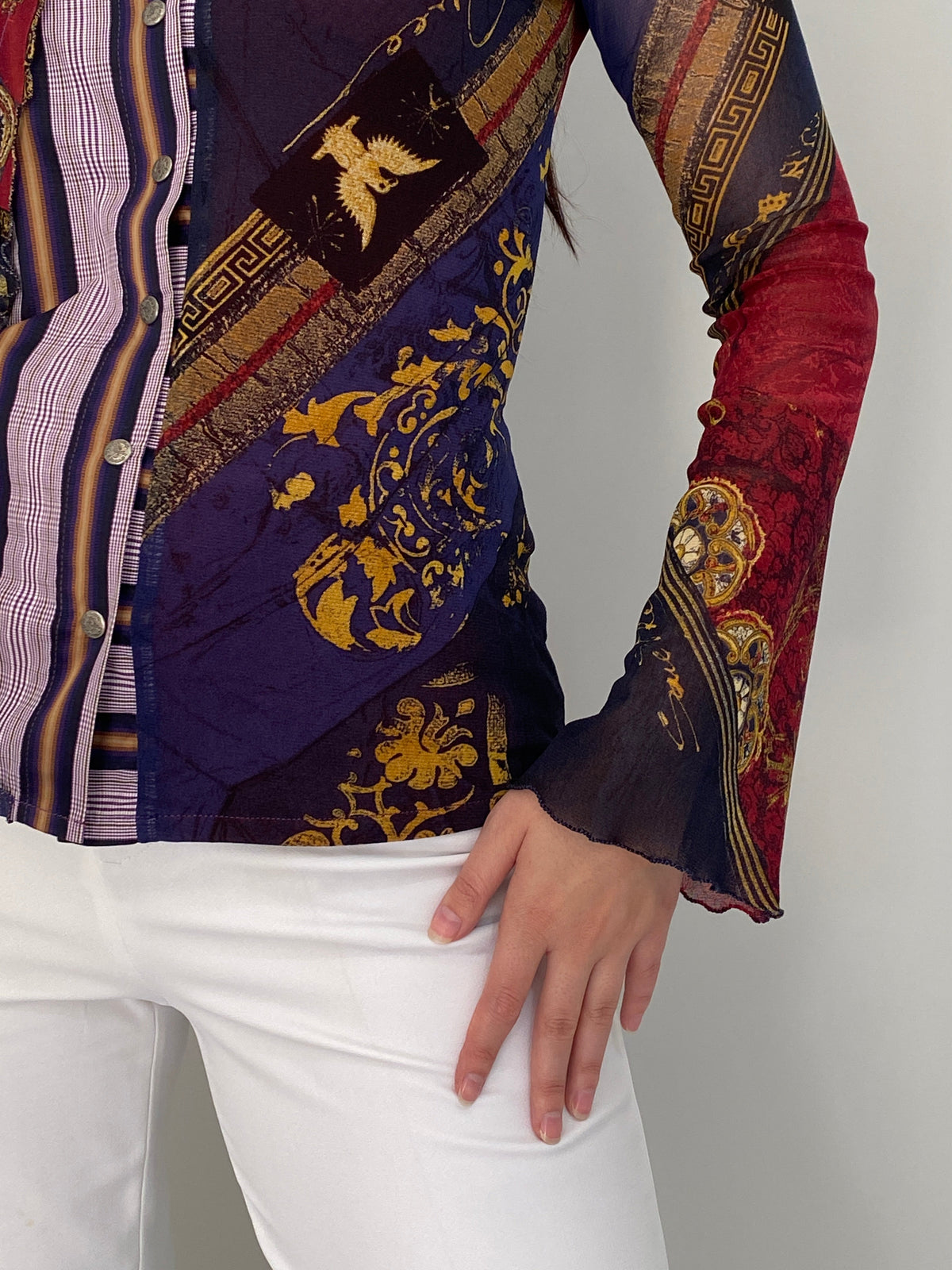 Y2K Save The Queen! Multicolor Whimsical Baroque Sheer Shirt – M
