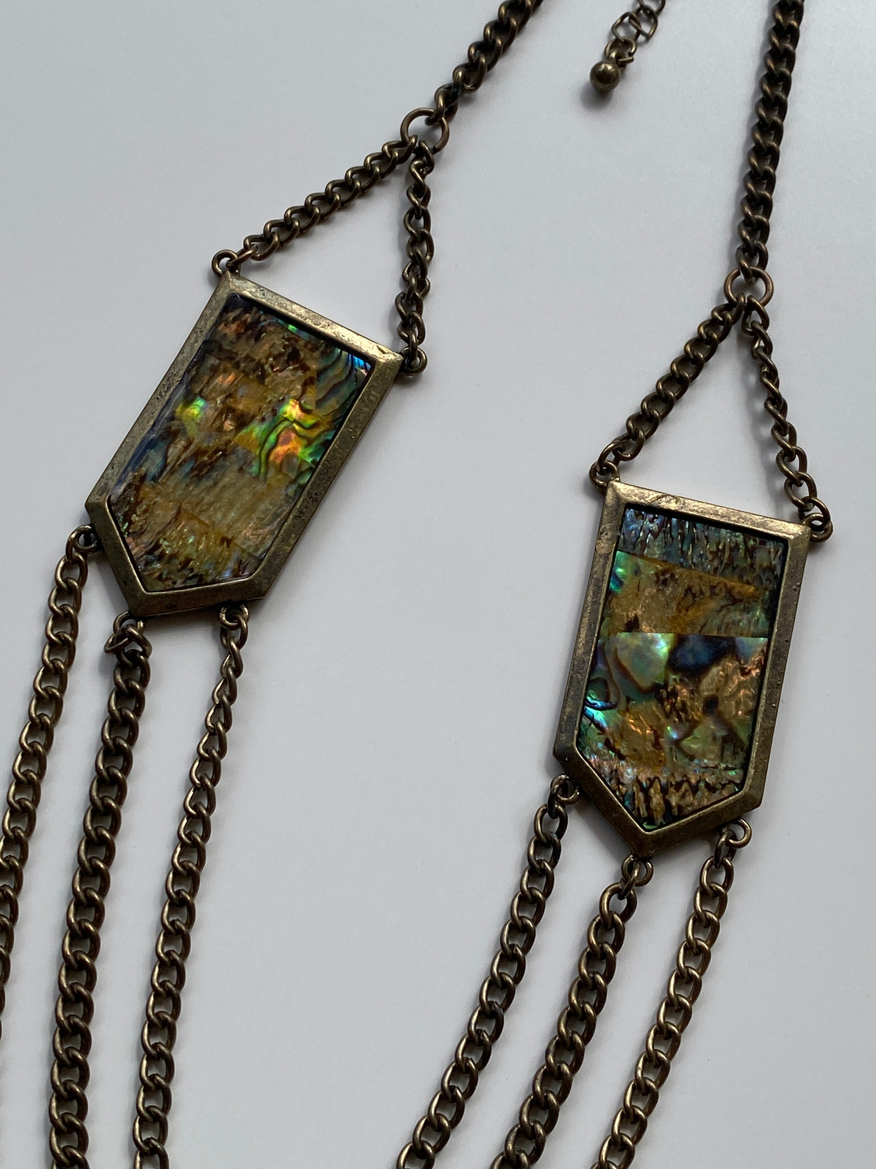 Vintage Y2K–Boho Abalone Shell & Antiqued Brass Triple Draped Chain Statement Necklace