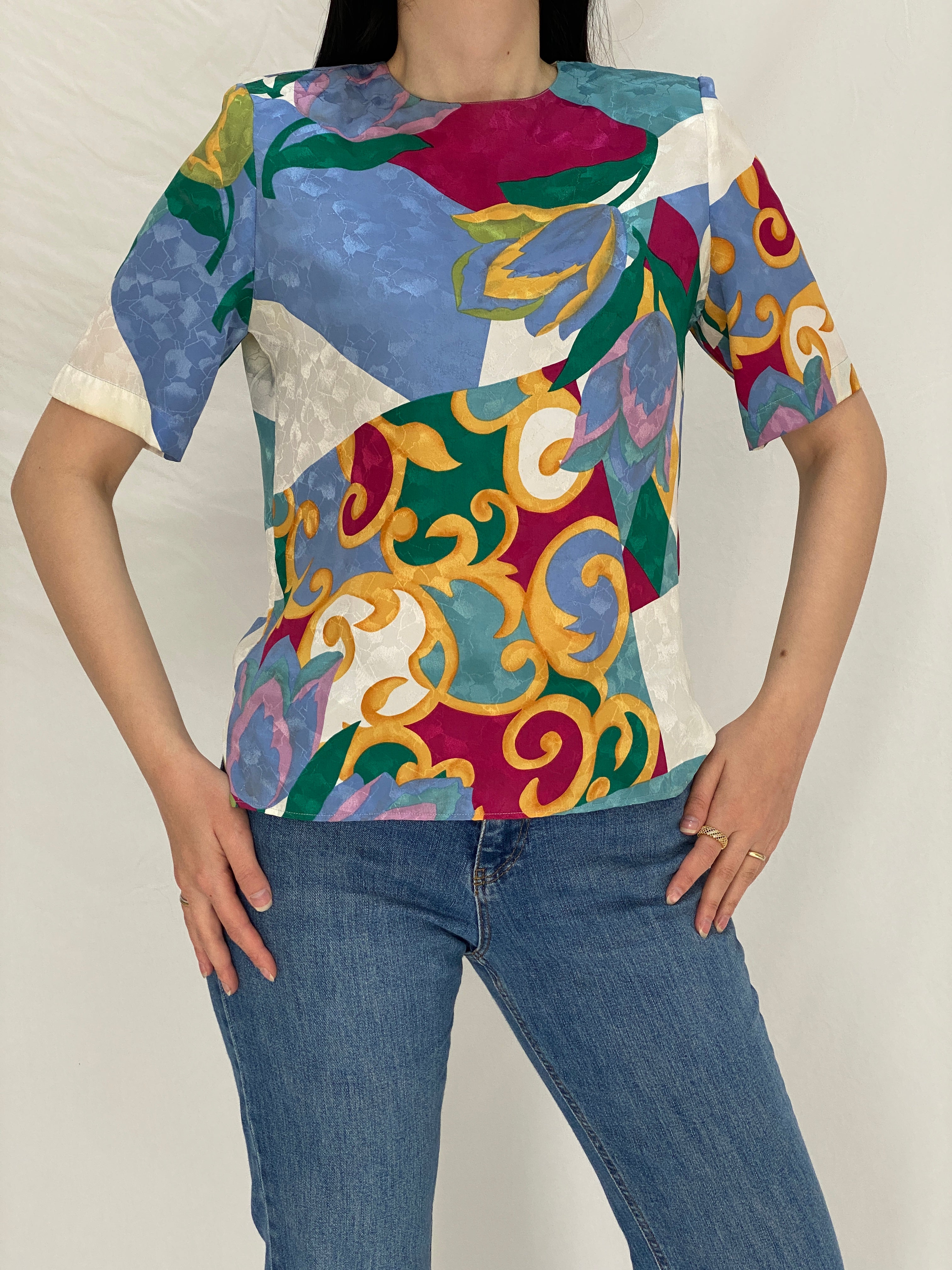 Vintage 90s Philippe Marques Abstract Print Structured Shoulder Short Sleeve Top - M