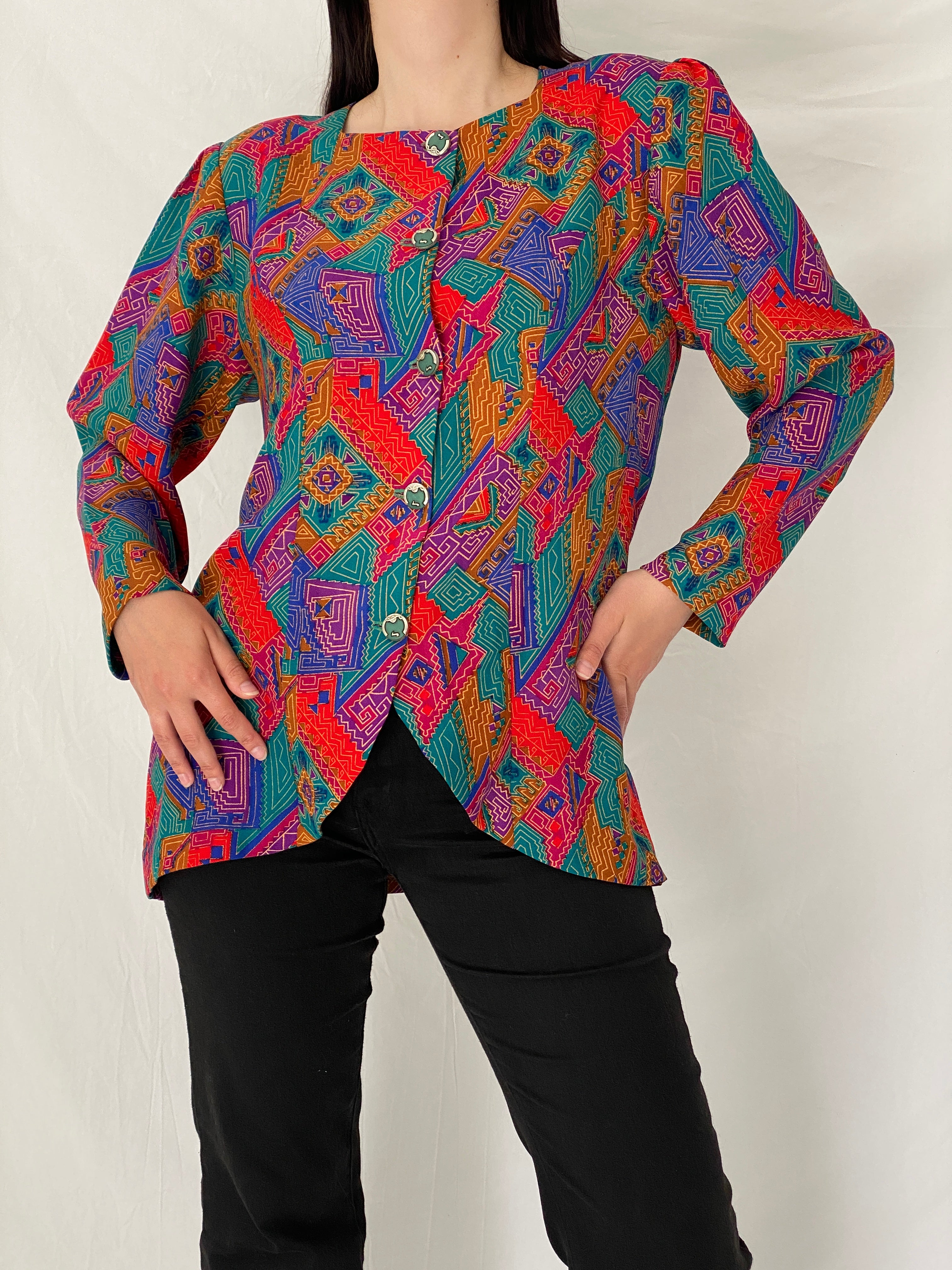 Vintage 90s Handmade Tribal Pop Statement Blazer Multicolor Geometric Art Jacket – L