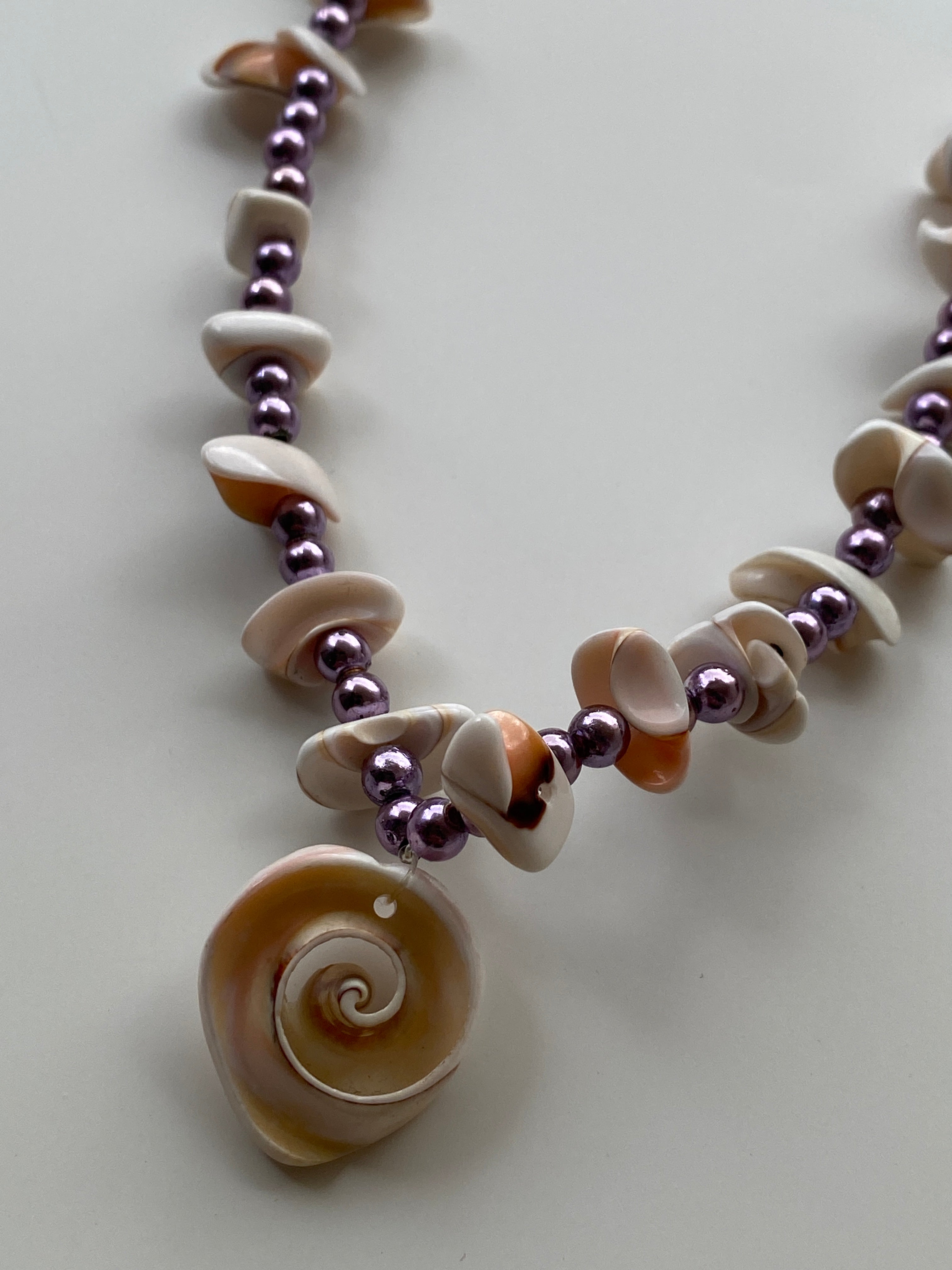 Vintage Natural Shell Chip & Lilac Pearl Bead Necklace with Spiral Shell Pendant