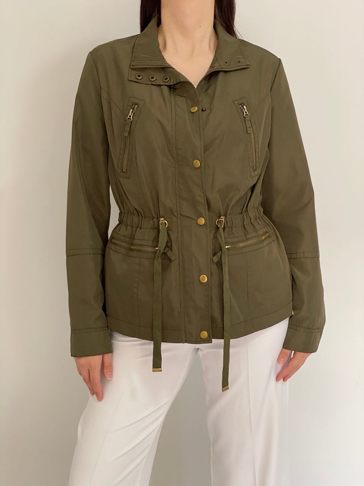 Vintage Y2K Ellos Olive Green Utility Jacket with Drawstring Waist - L