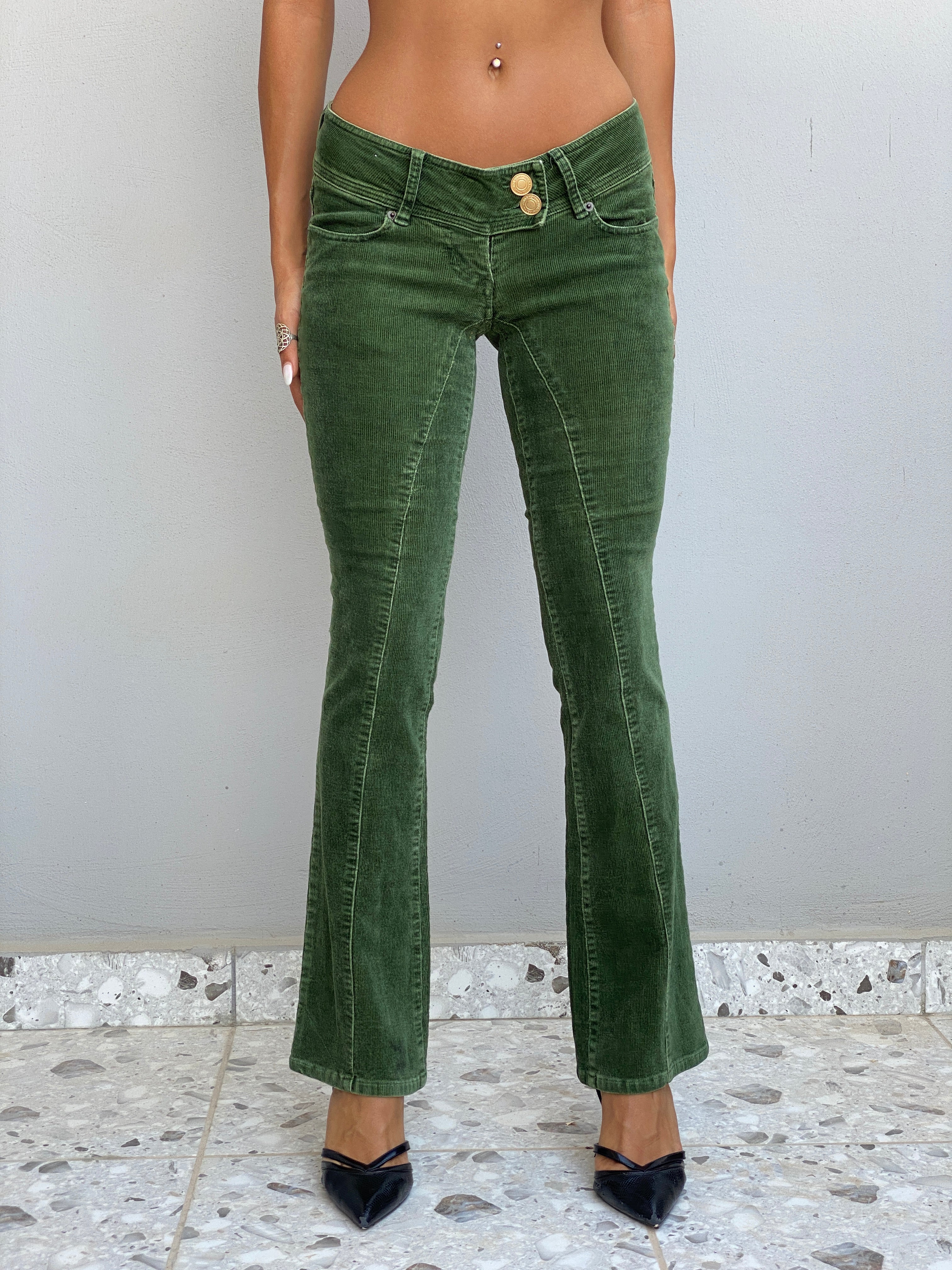 Vintage Y2K Wet Seal Forest Green Corduroy Low Rise Flare Pants - 34EUR