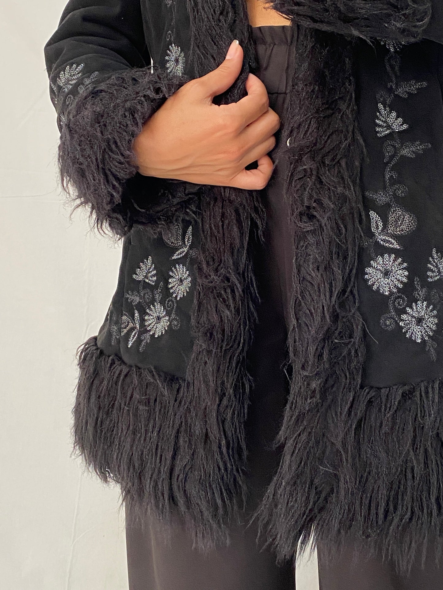 Vintage NEXT Black Embroidered Faux Suede Penny Lane Coat Y2K Boho Shaggy Trim Jacket - M