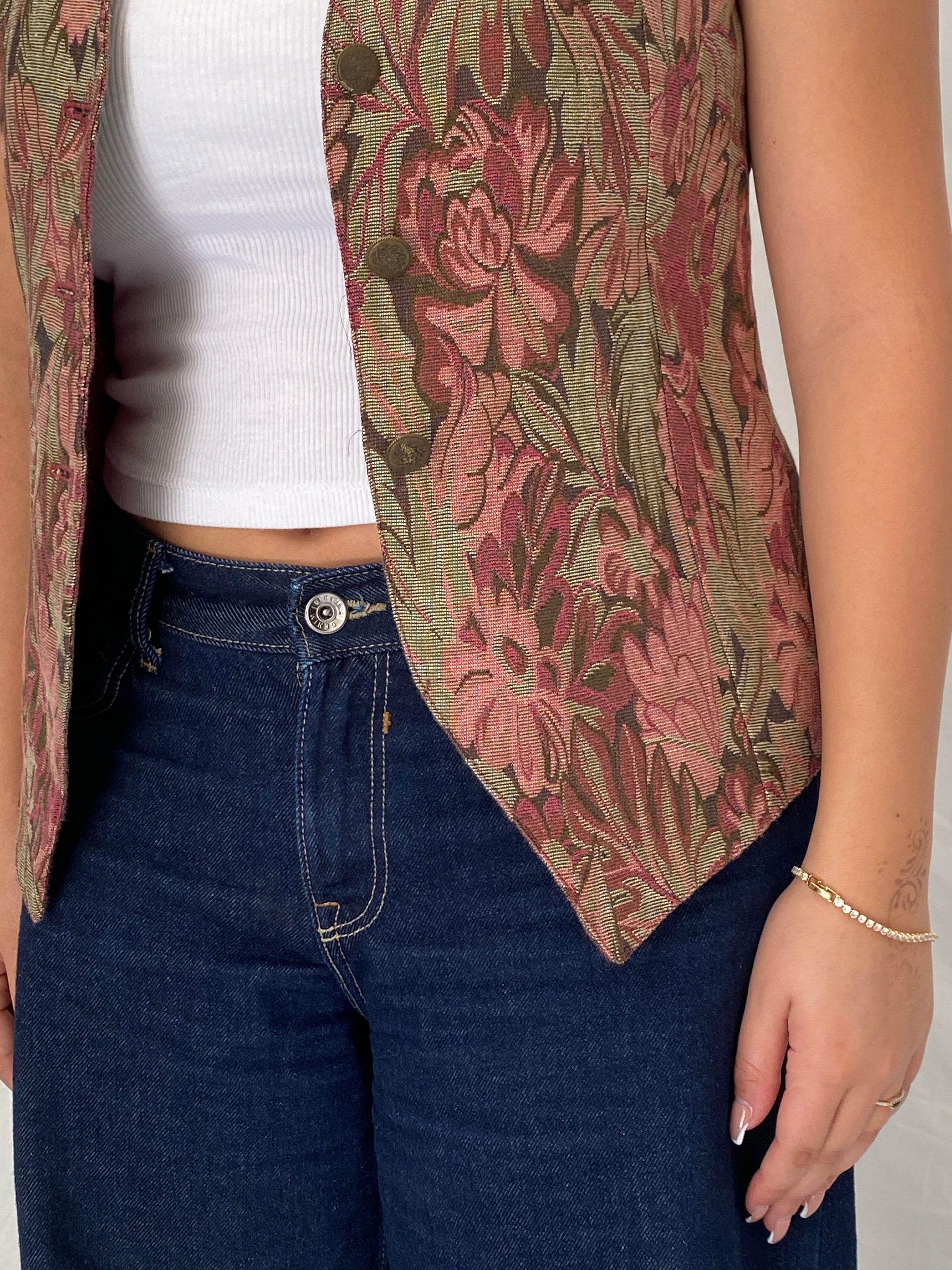 Vintage The Limited Floral Tapestry Vest Pink Button Front Waistcoat – S