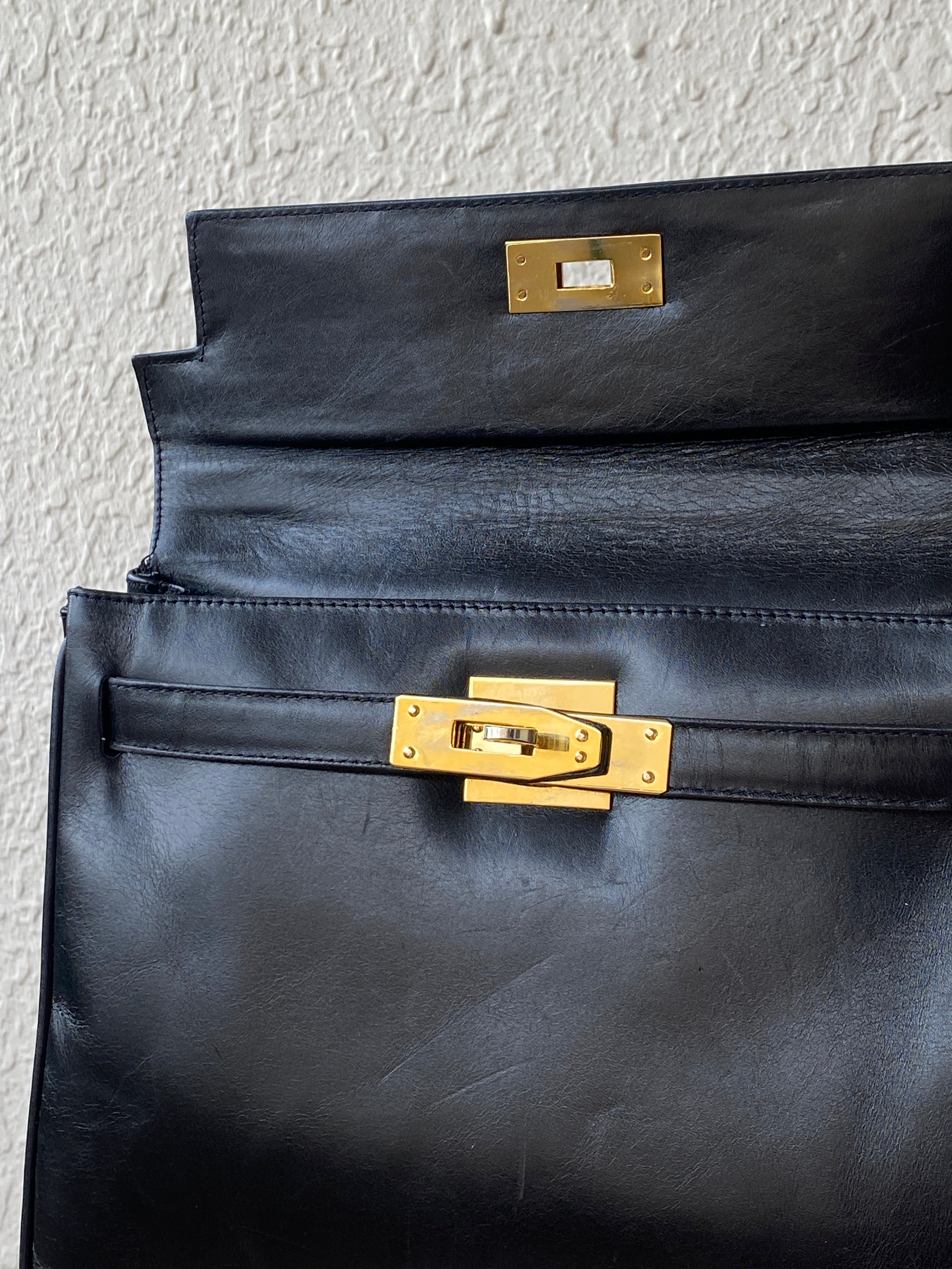 Vintage 1960s-1970s Susan Gail Structured Black Leather Kelly Bag Gold Turn Lock Top Handle