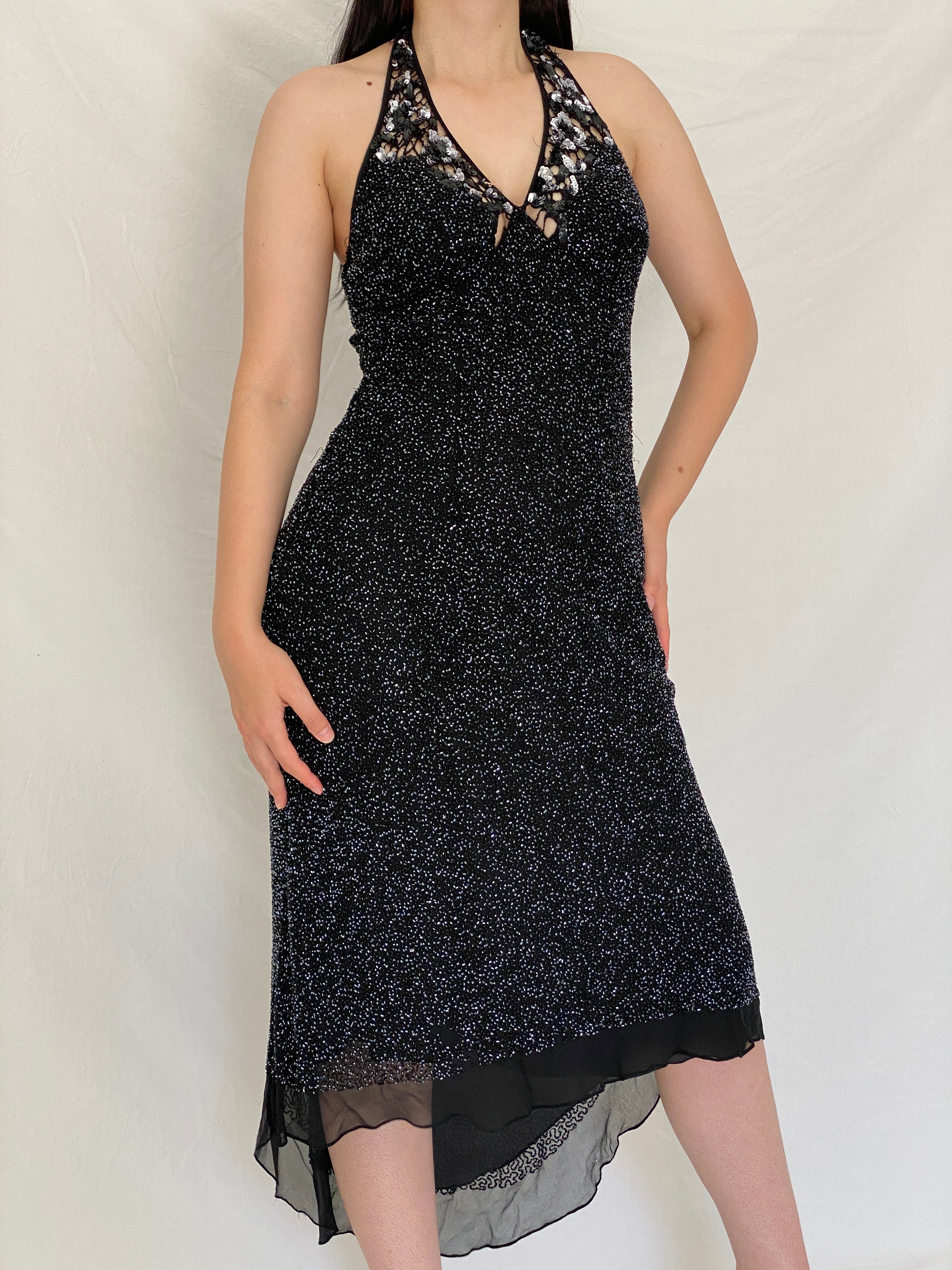 Vintage PAPÉLL BOUTIQUE Black Silk Beaded Halter Evening Dress – S
