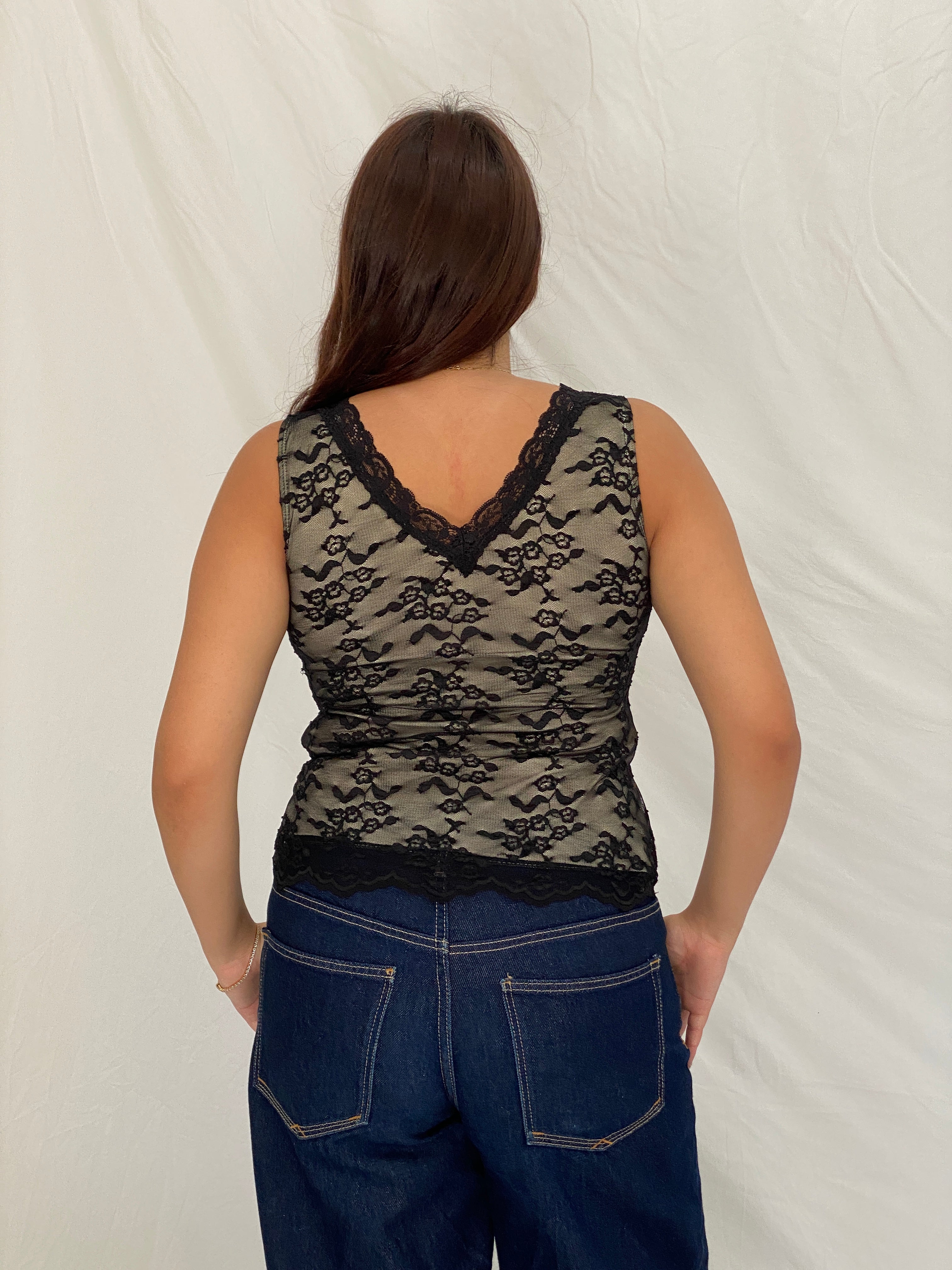 Vintage Y2K Worthington Black Floral Lace Stretch Tank Top – M