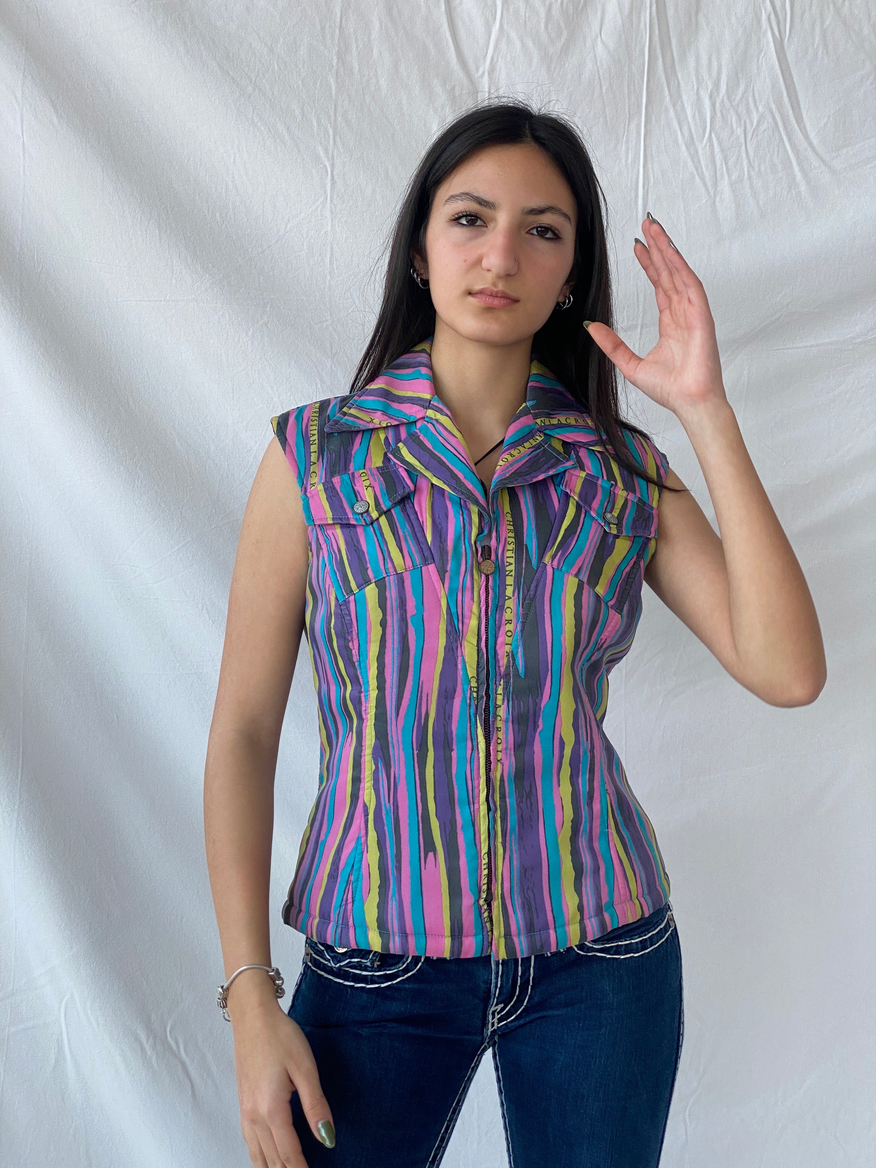 90s Vintage Christian Lacroix Fitted Zip Down Multicolored Vest - L