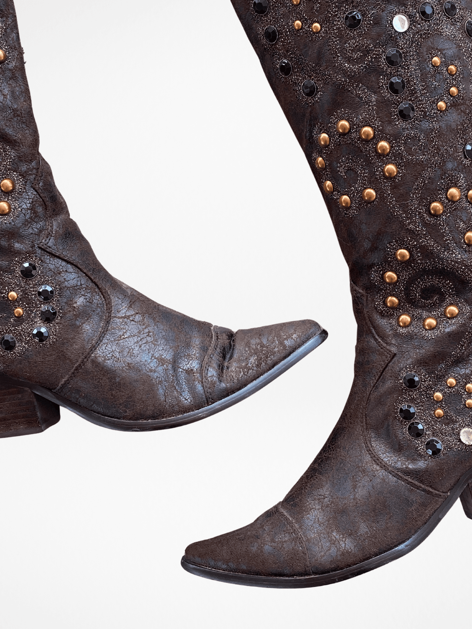 Y2K Two Tips Brown Studded Cowboy Western Boots - 38.5