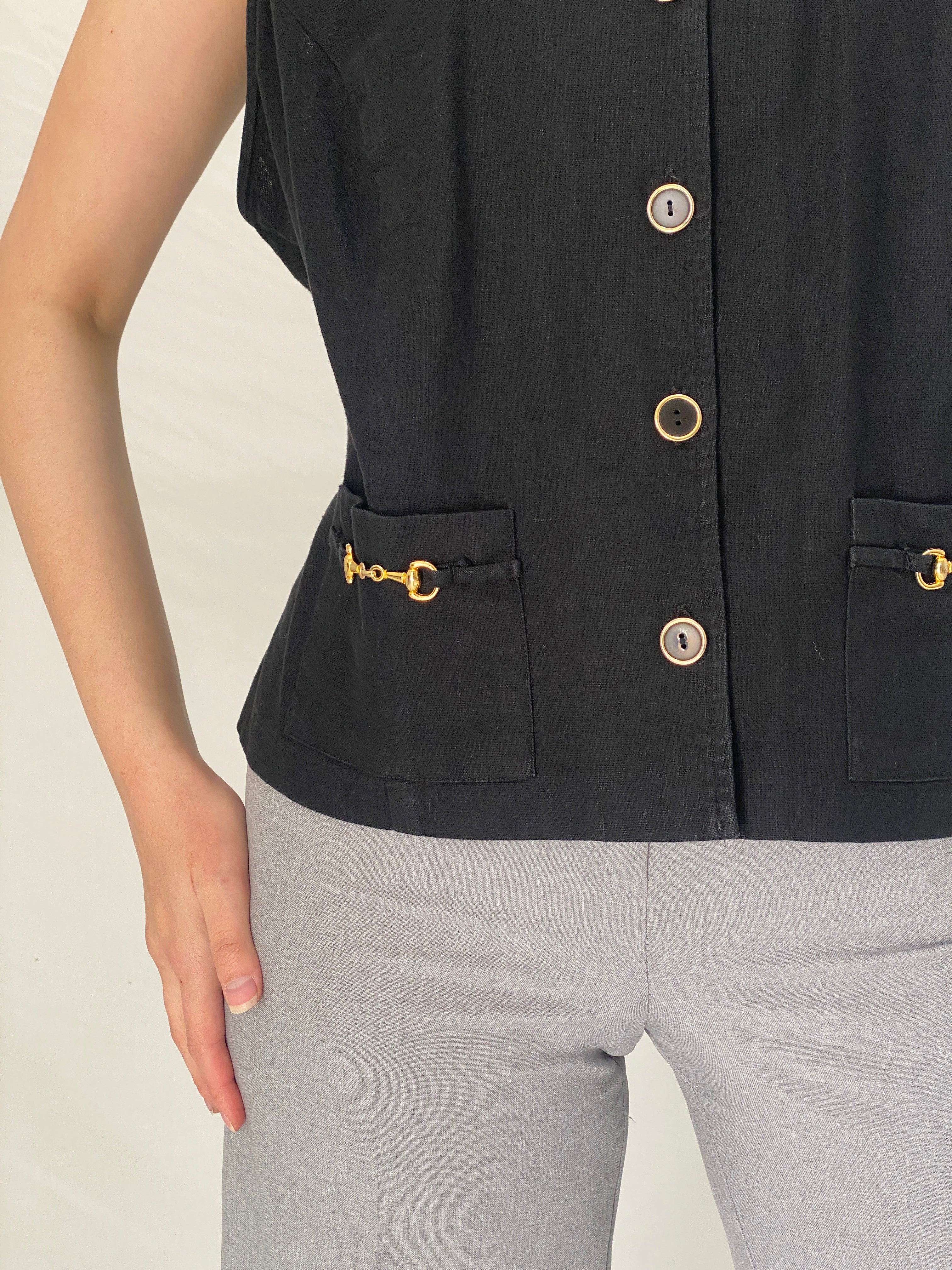 Vintage 1990s Robbie Bee Black Cotton Linen Blend Vest Gold Hardware Detail - XL
