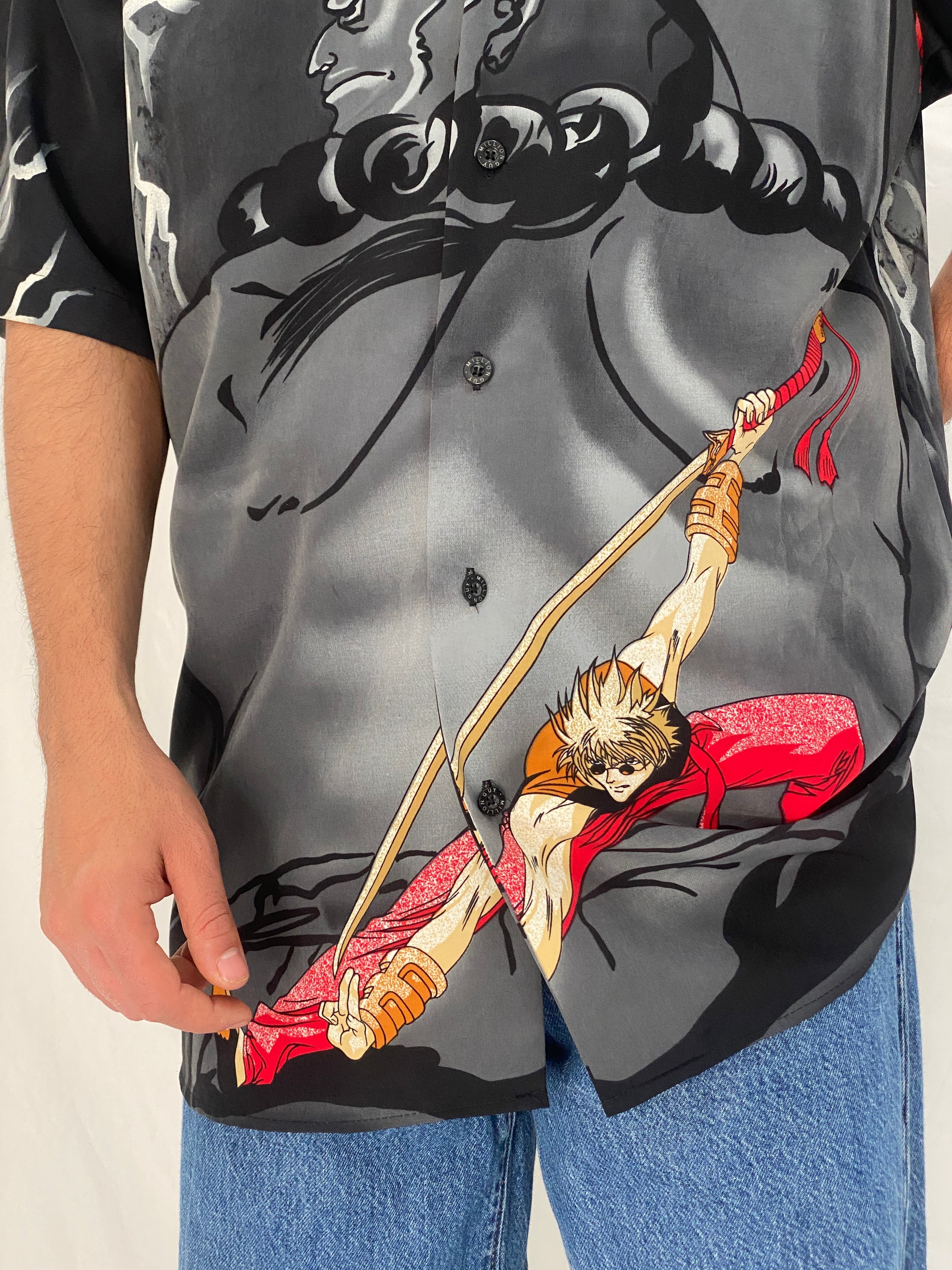 Vintage Y2K Million Guy Anime Graphic Button Up Shirt Black Grey Samurai Manga Shirt - M