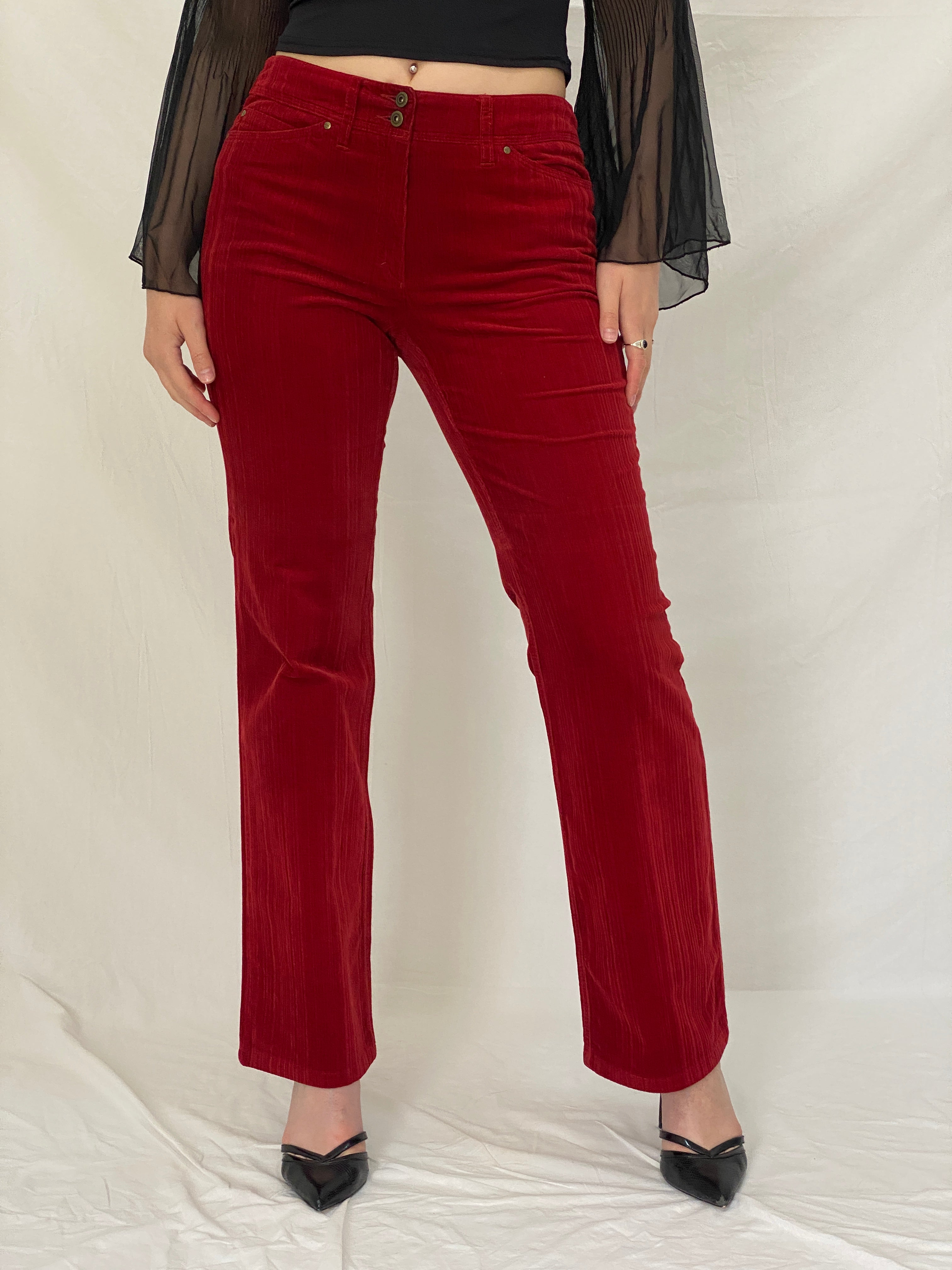 Y2K ZERRES Stretch Red Corduroy Straight Leg Mid Rise Pants - 38EU