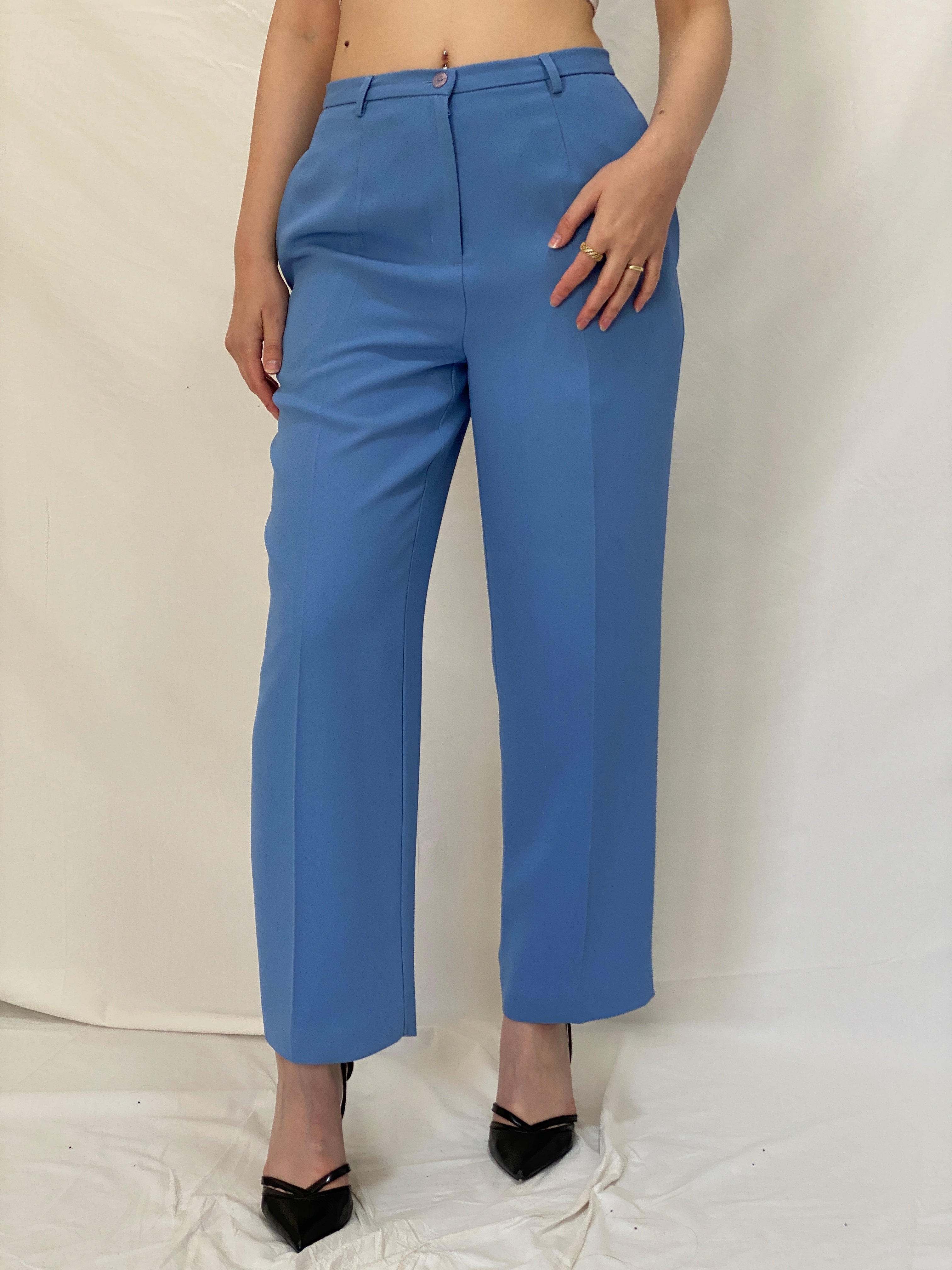 Vintage Karen Scott Petite Tailored Blue Trousers High Waist Straight Leg Office Pants - S
