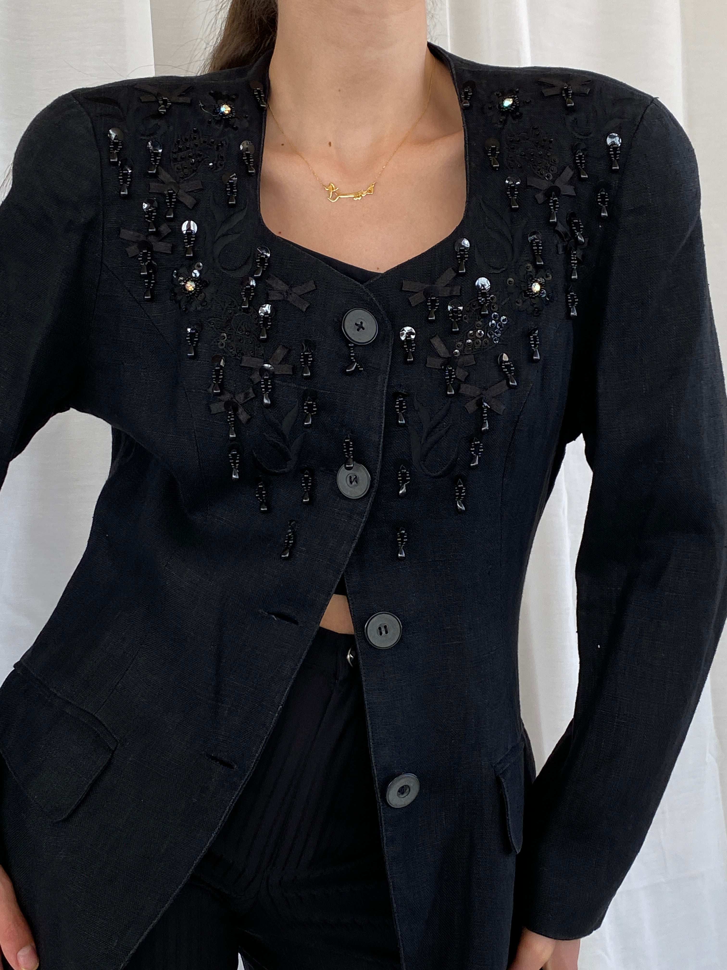 Beautiful Vintage ALEXIS Black Beaded Long Party Blazer - L