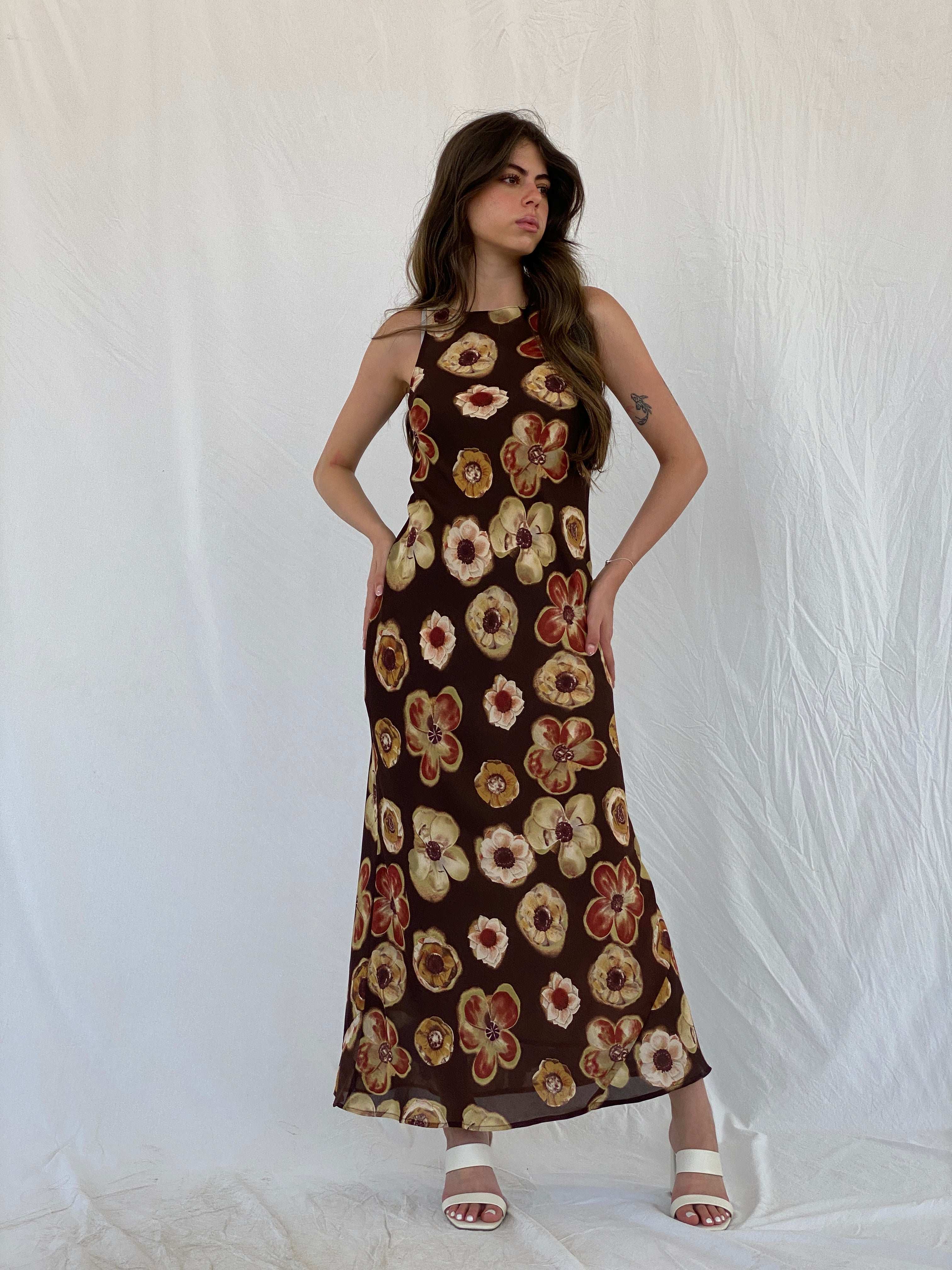 Vintage 90s PJLA Floral Brown Bodycon Sleeveless Maxi Dress - M - Balagan Vintage Maxi Dress 00s, 90s, maxi dress, Mira, NEW IN