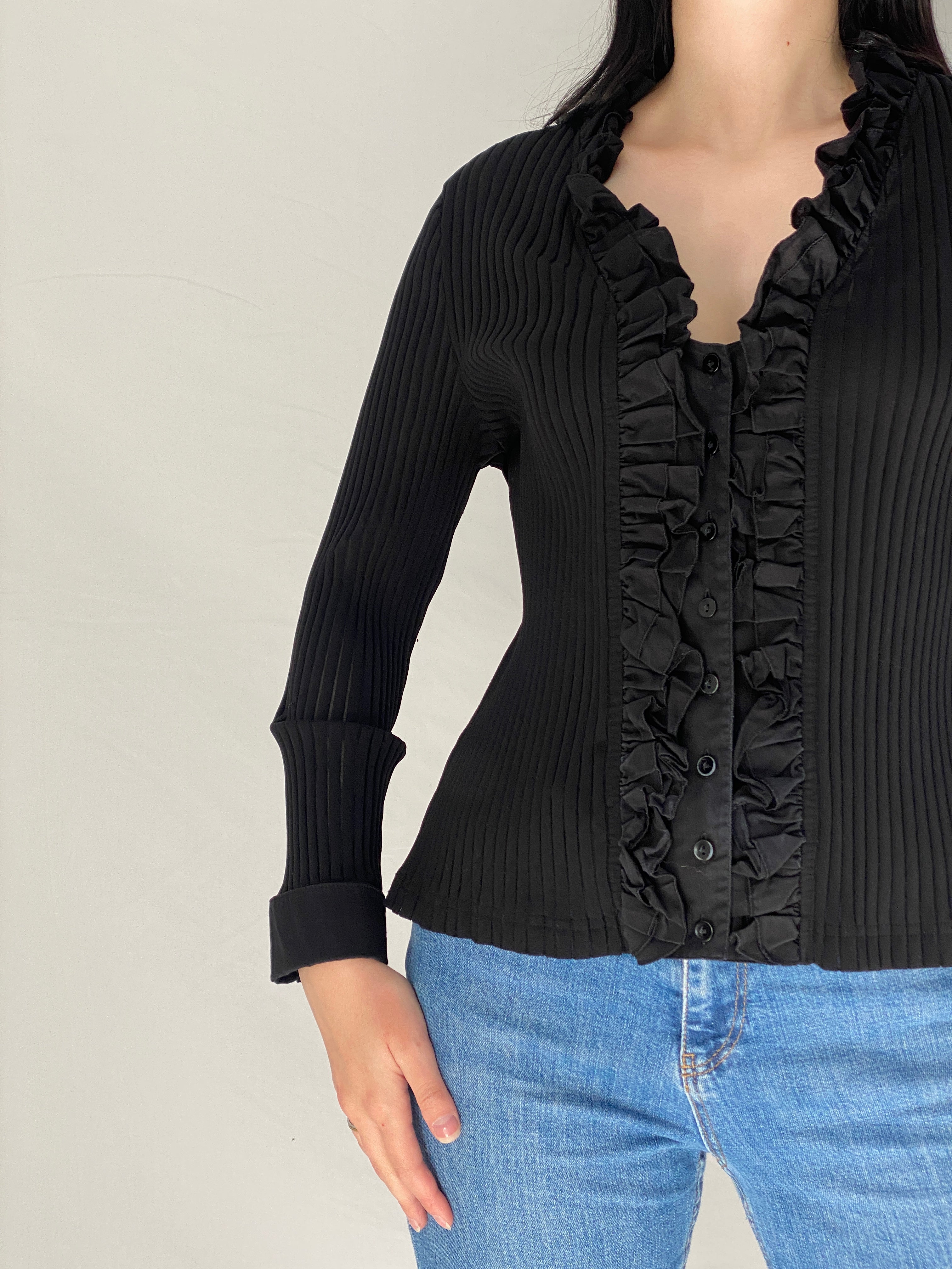 Y2K Taifun Black Ruffle Button-Up Cardigan Shirt Pleated Fitted Blouse