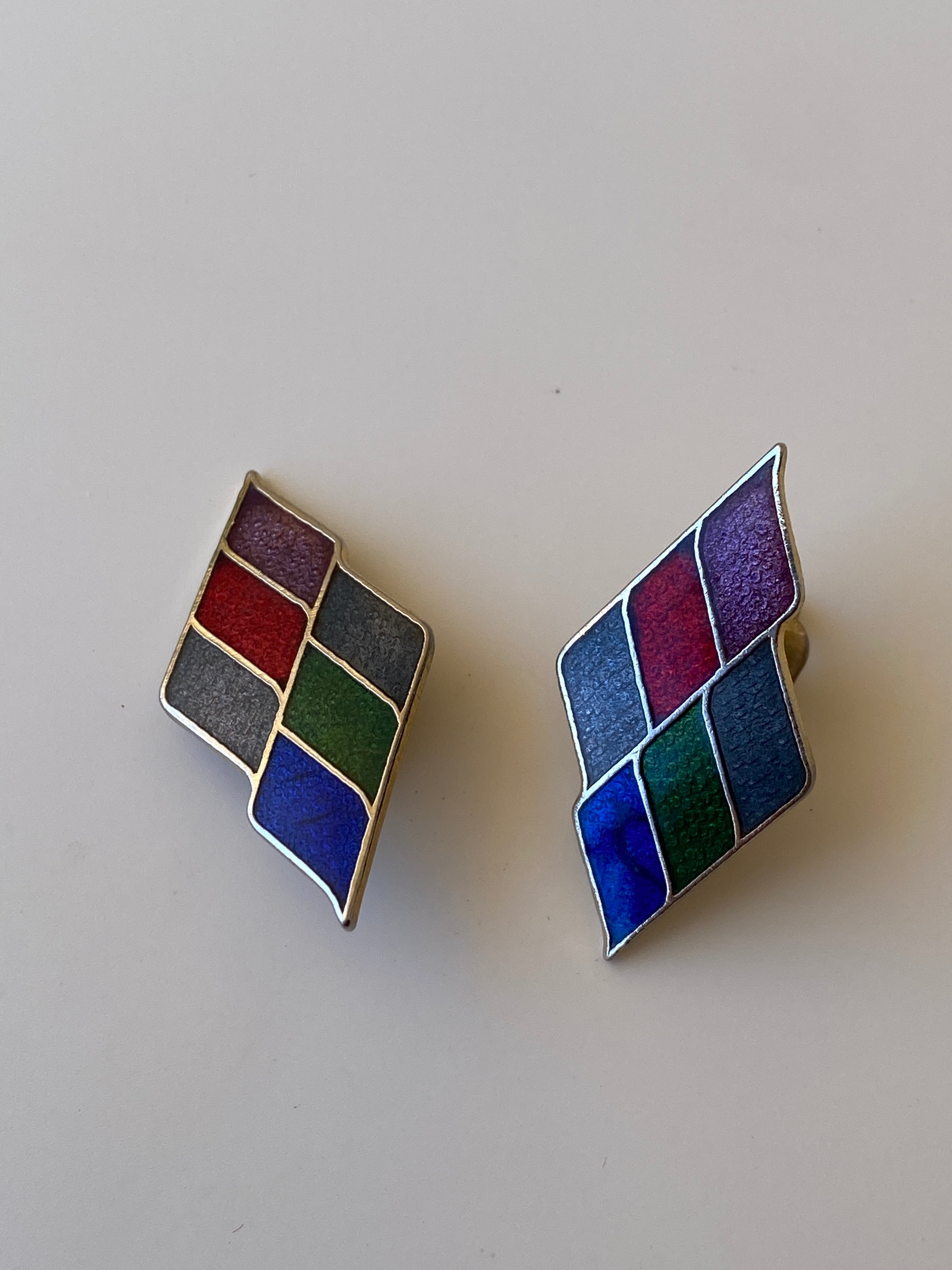 Vintage Geometric Enamel Clip-On Earrings Multicolor Art Deco Style