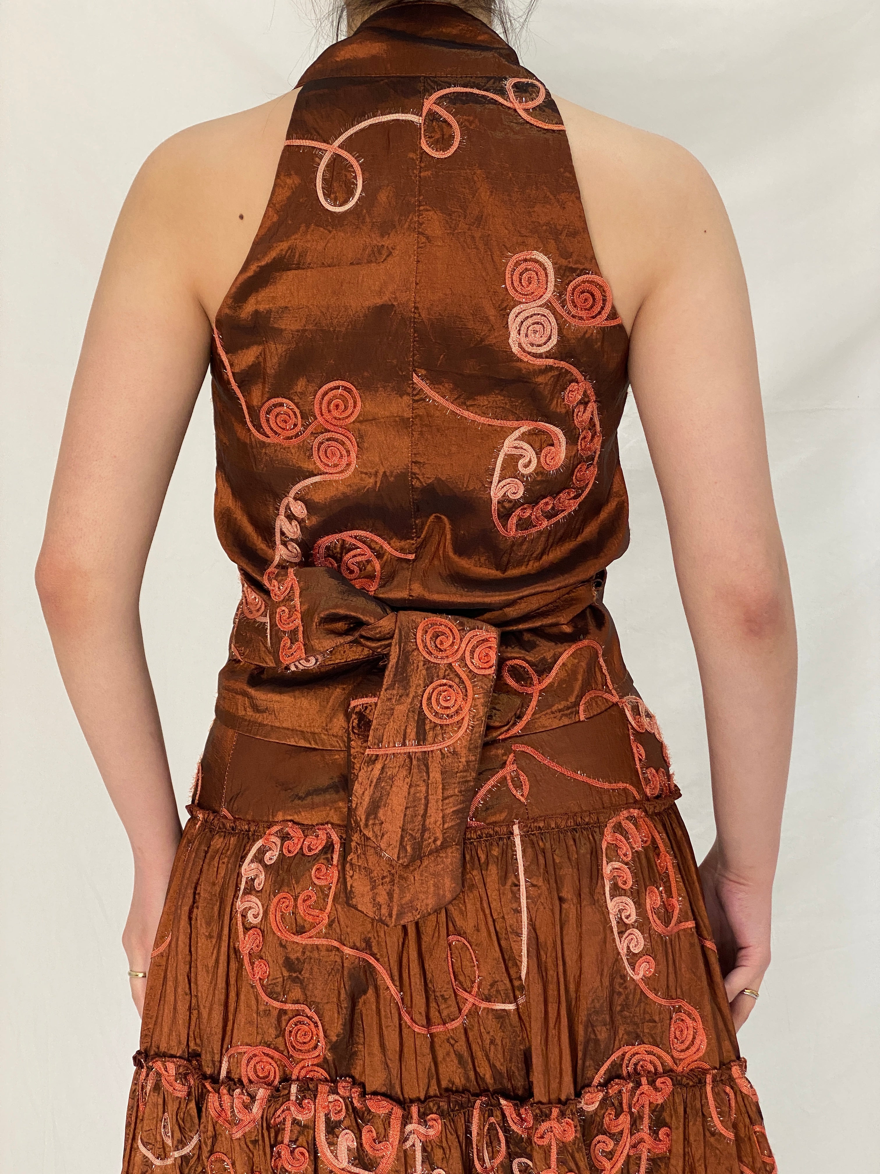 Vintage Over 16 Embroidered Metallic Brown Wrap Halter Top & Tiered Midi Skirt Co-ord Set - M