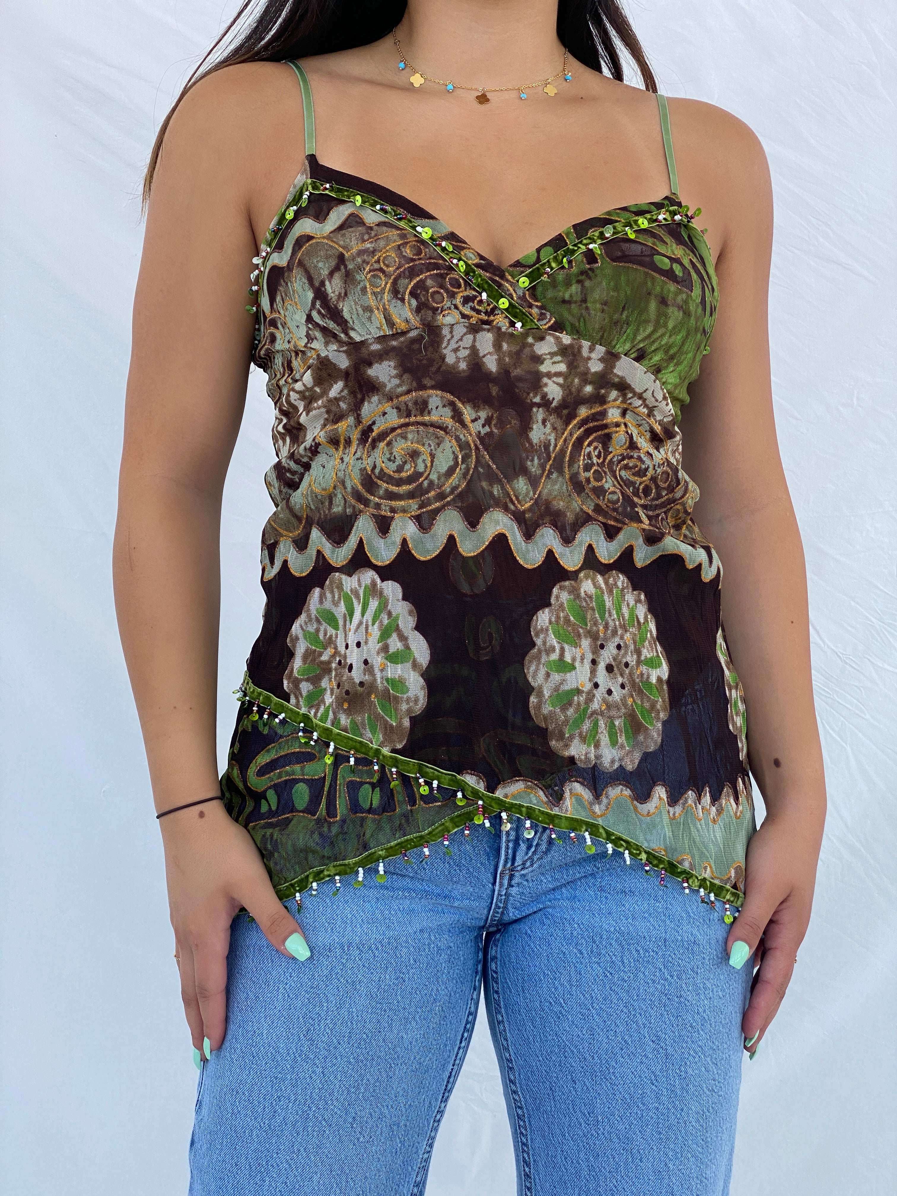 Y2K Expressions Beaded Green and Brown Fairy Asymmetric Cami Top - M - Balagan Vintage Sleeveless Top 00s, Cami, Lana, NEW IN, summer