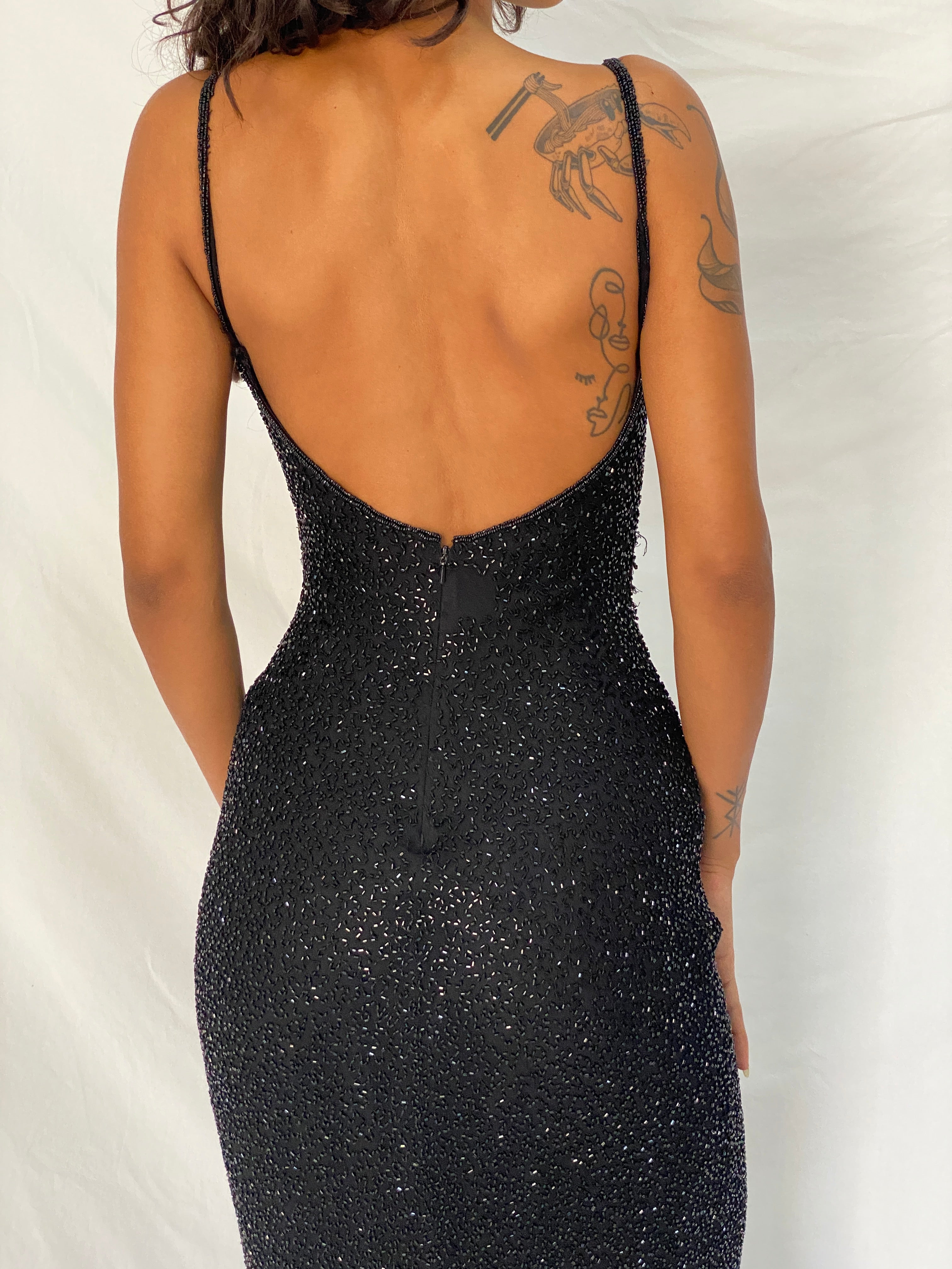 Vintage Y2K Scala Black 100% Silk Beaded Sheer Waist Evening Midi Dress - S