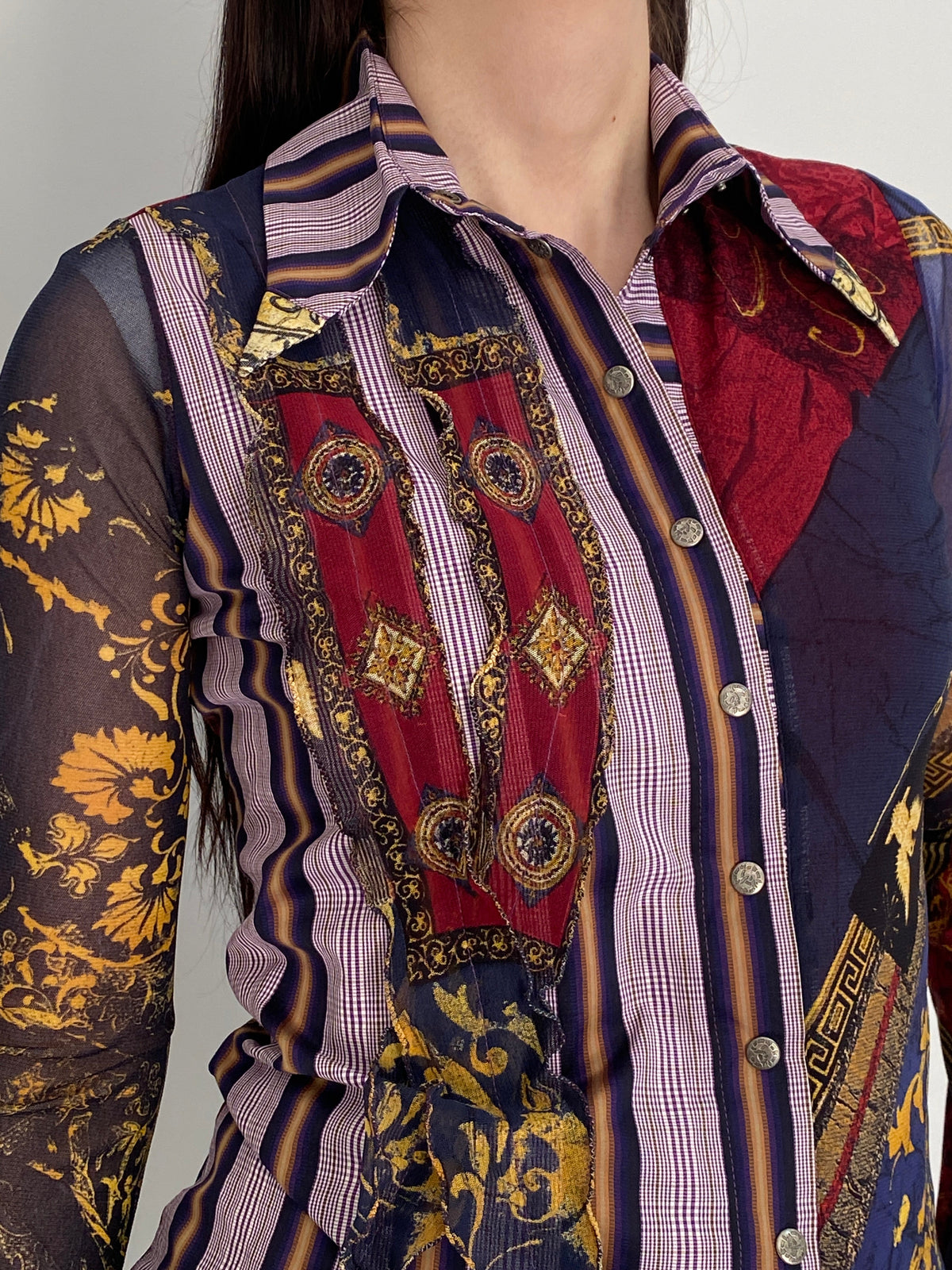 Y2K Save The Queen! Multicolor Whimsical Baroque Sheer Shirt – M