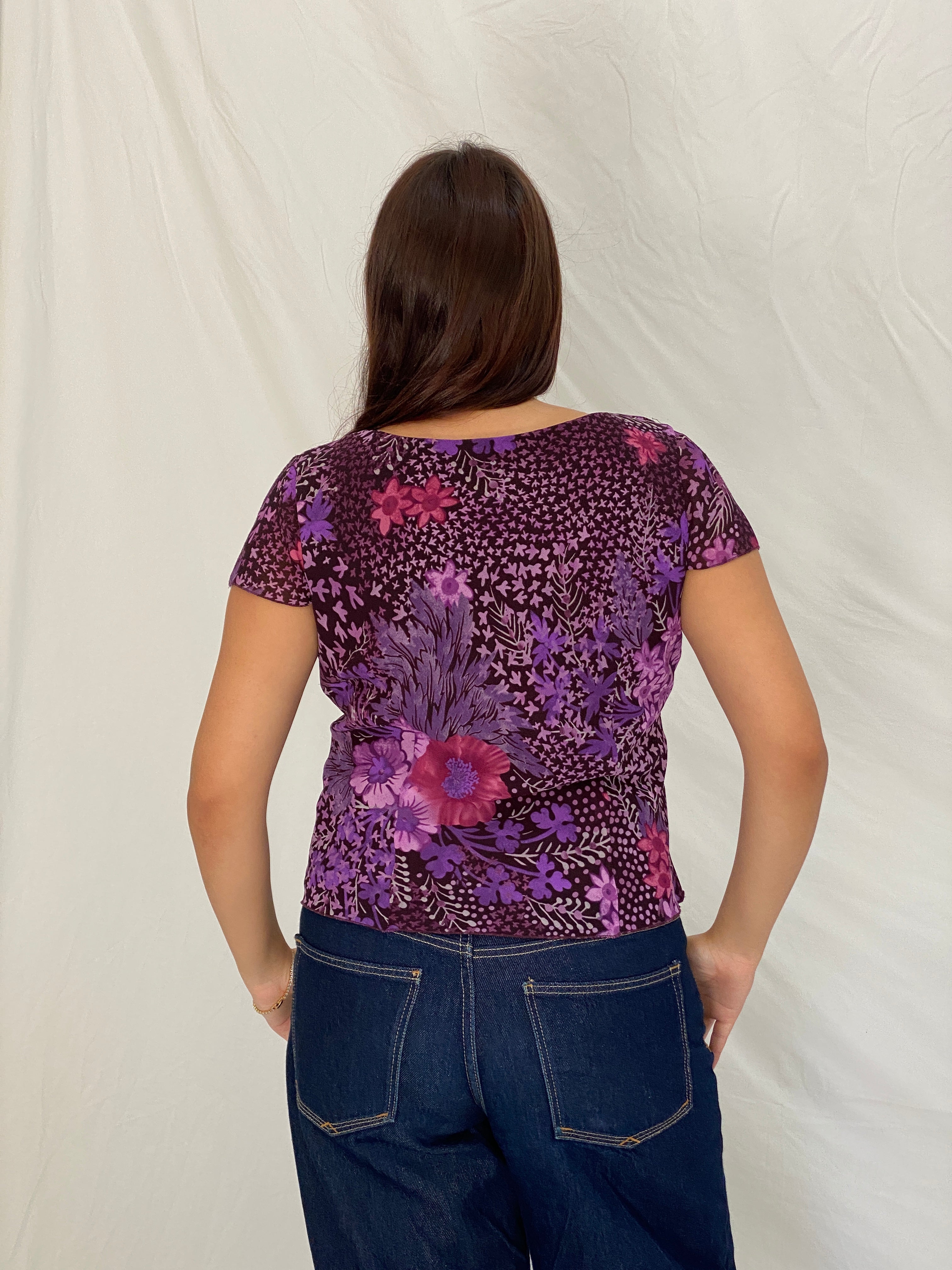 Vintage Y2K Studio I Petite Purple Floral Mesh Cowl Neck Top – M