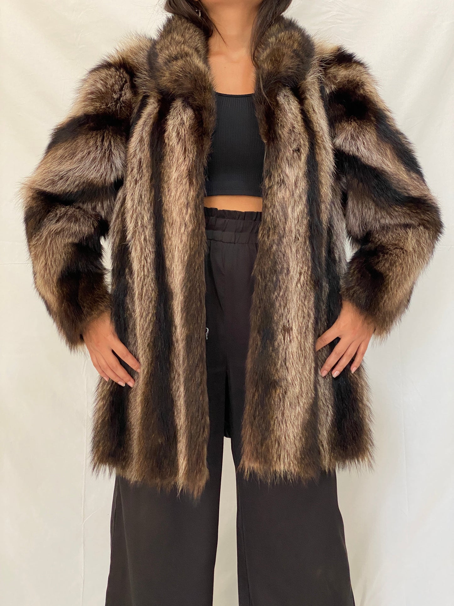 Vintage Real Fur Striped Brown & Black Coat Luxurious Genuine Raccoon Fur Winter Jacket - M