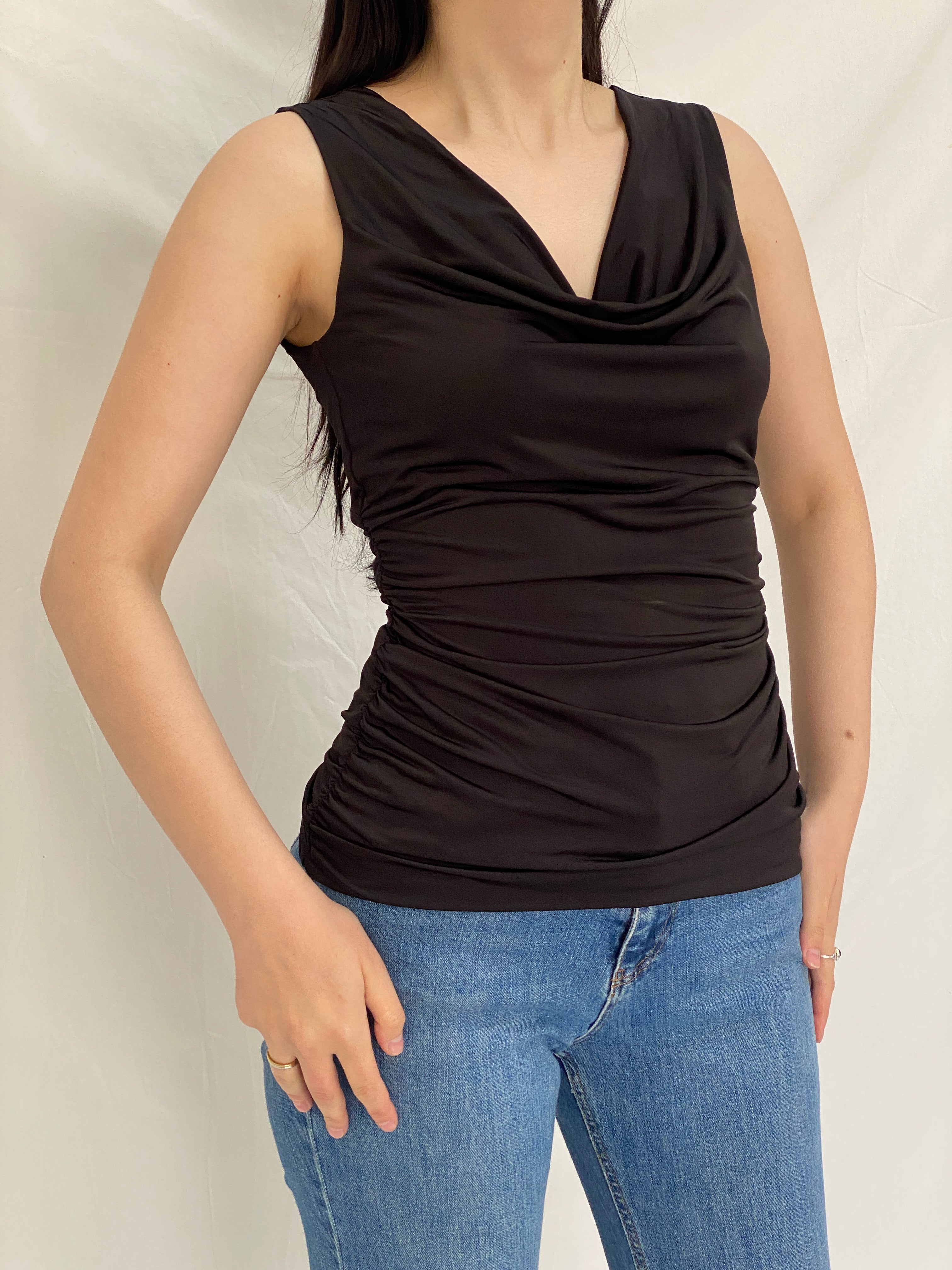 Vintage Y2K Black Ruched Cowl Neck Top Cache Stretch Fitted Open Back - S