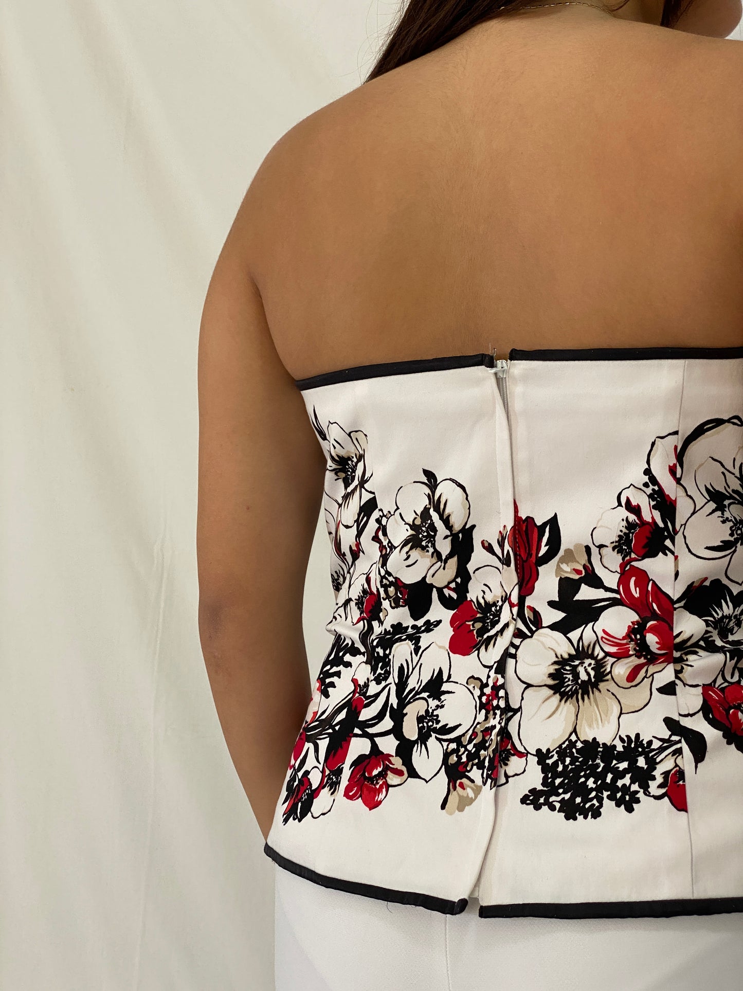 Y2K White House Black Market Floral Corset Strapless White Red Black Top - L