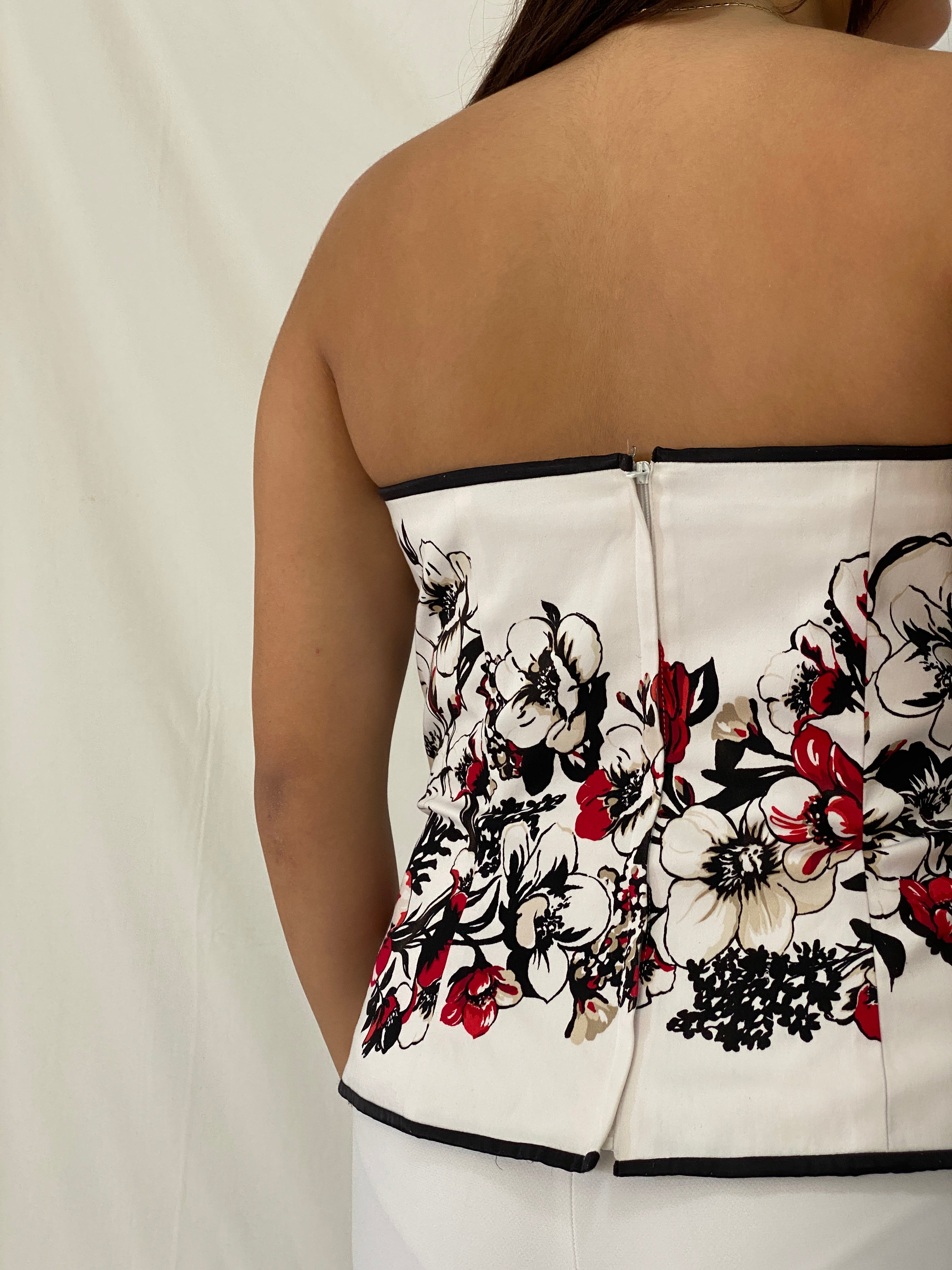 Y2K White House Black Market Floral Corset Strapless White Red Black Top - L
