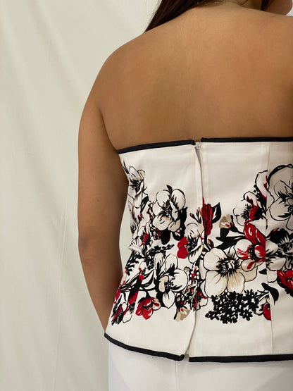 Y2K White House Black Market Floral Corset Strapless White Red Black Top - L