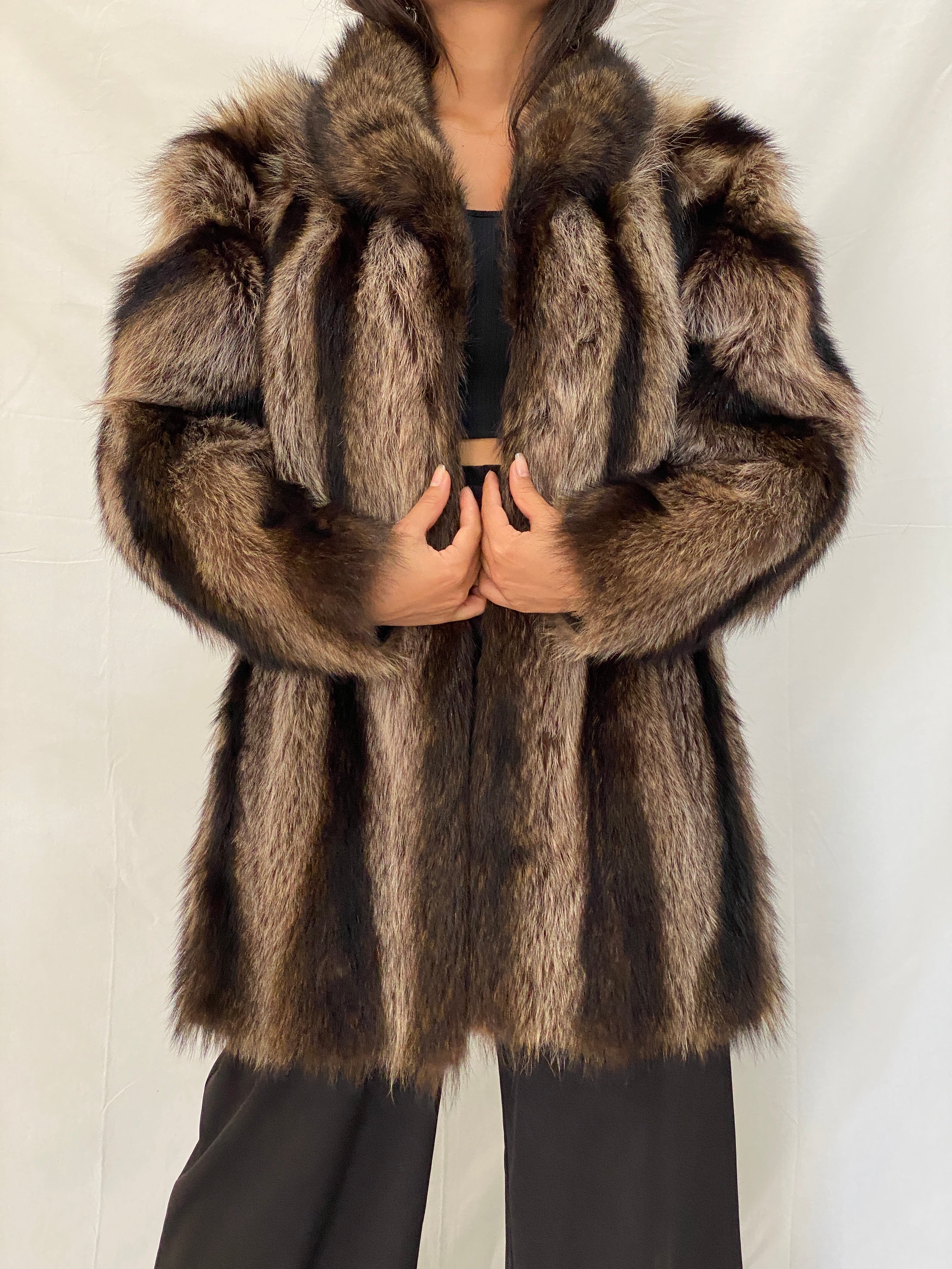 Vintage Real Fur Striped Brown & Black Coat Luxurious Genuine Raccoon Fur Winter Jacket - M