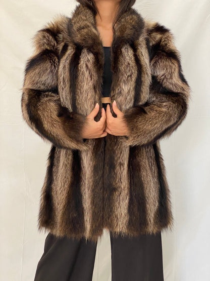 Vintage Real Fur Striped Brown & Black Coat Luxurious Genuine Raccoon Fur Winter Jacket - M