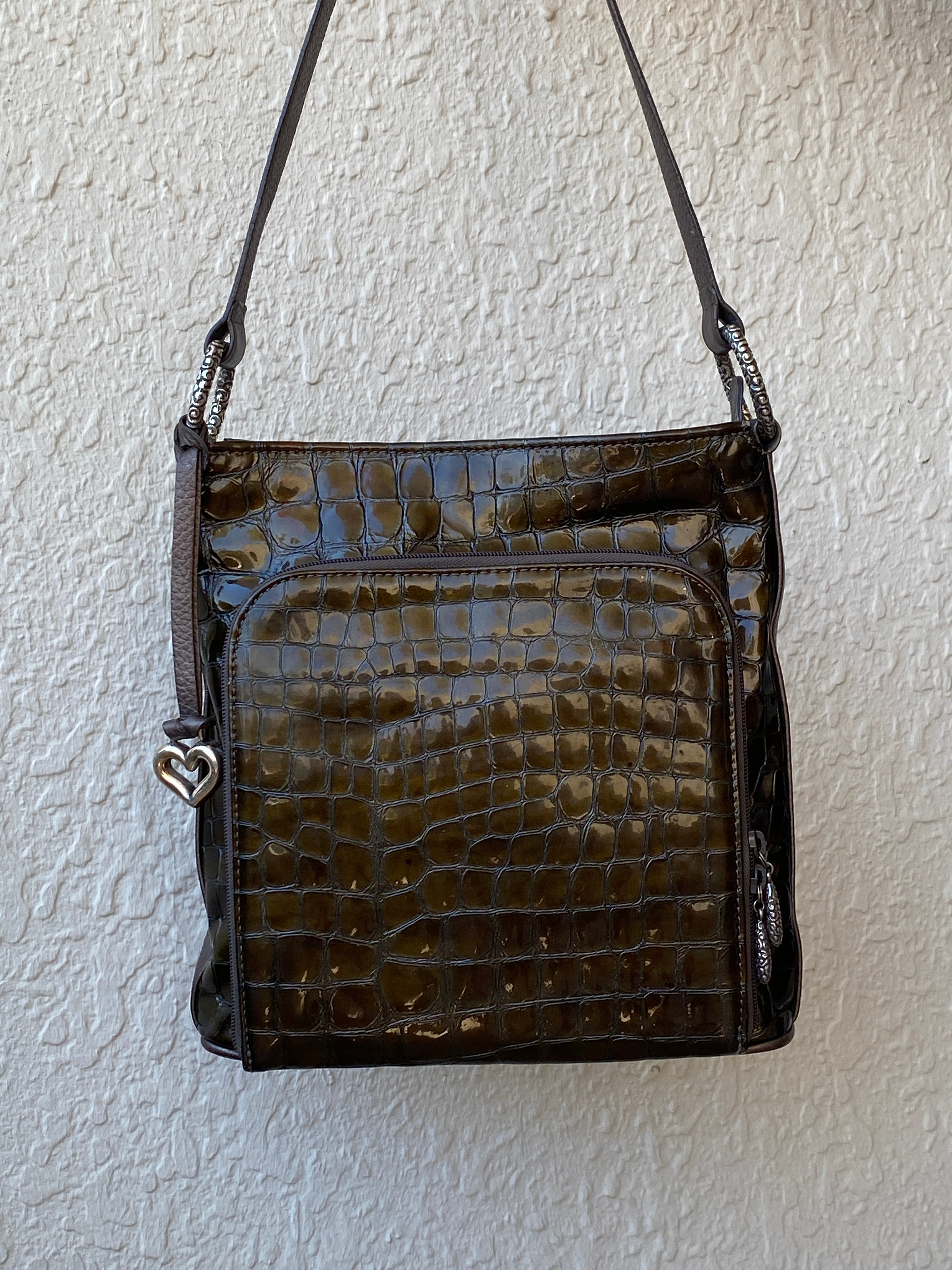 Vintage Brighton Olive Brown Croc Embossed Patent Shoulder Bag