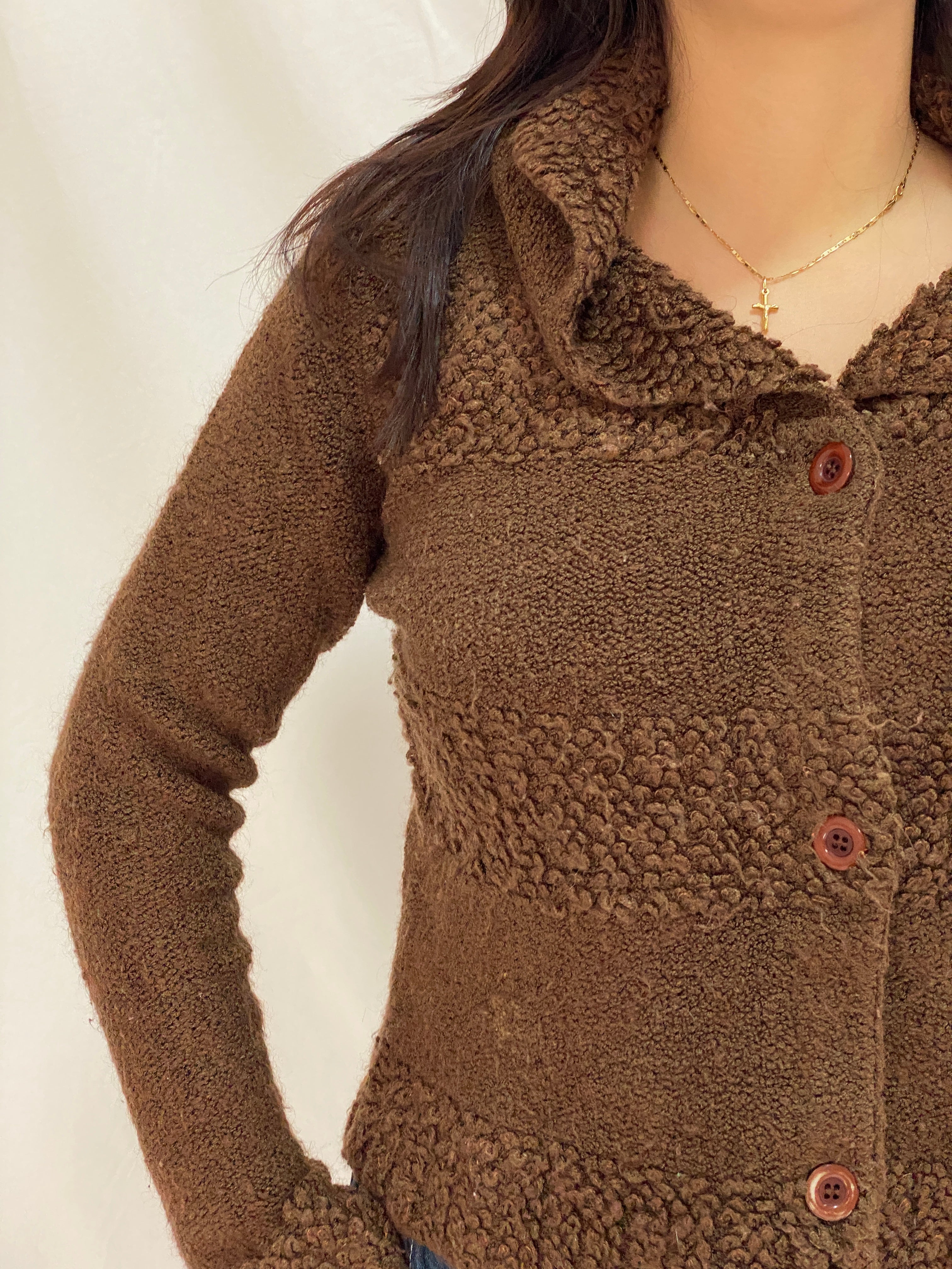 Vintage Brown Teddy Knit Jacket FD Feider Button-Up Cozy Cardigan - M