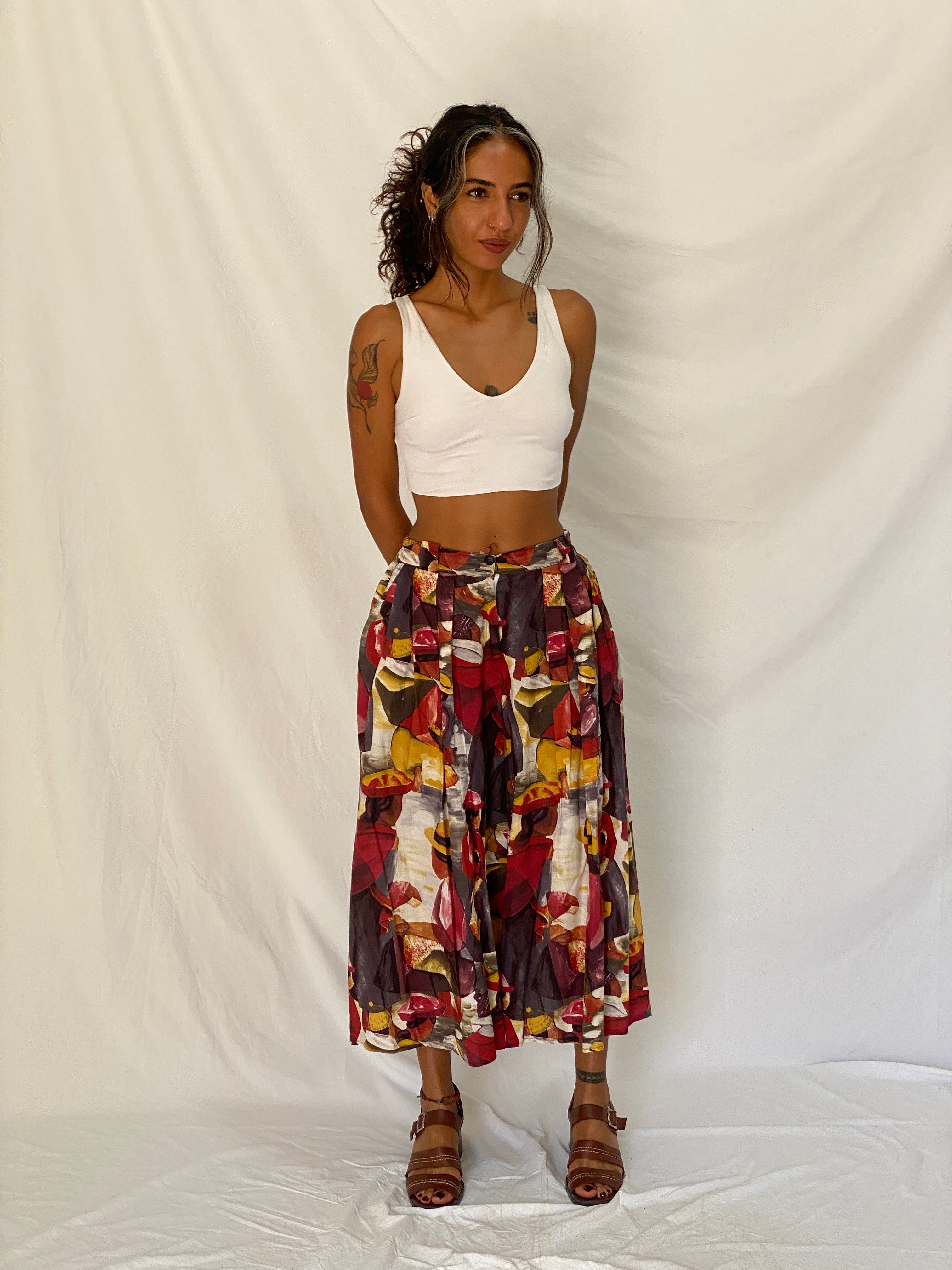 Vintage 90s Frawil Multicolor Abstract Wide Leg Culotte Pants – S