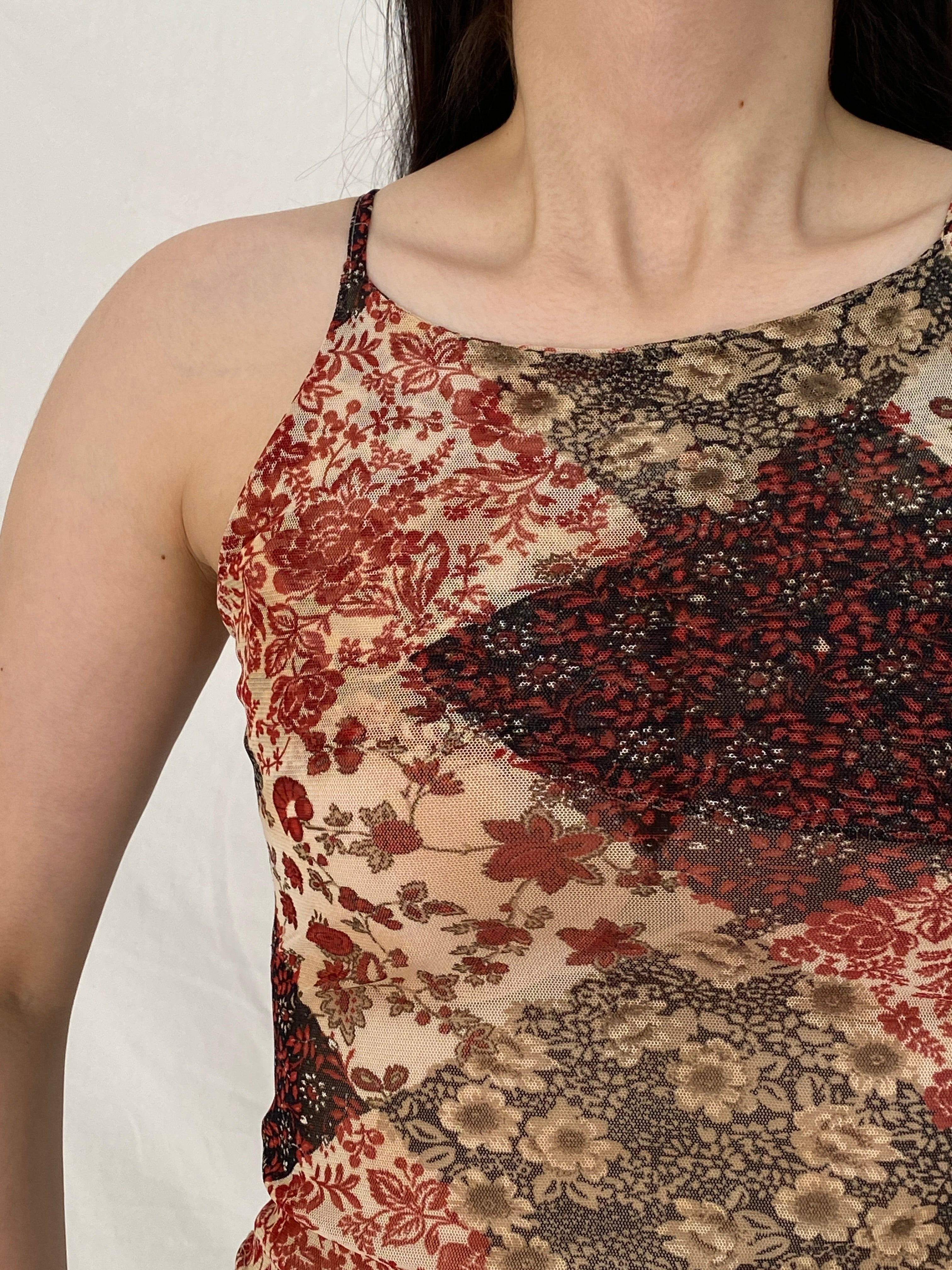 Vintage Y2K Three Brothers Red Floral Mesh Print Cami Top Sheer Stretch Tank - S